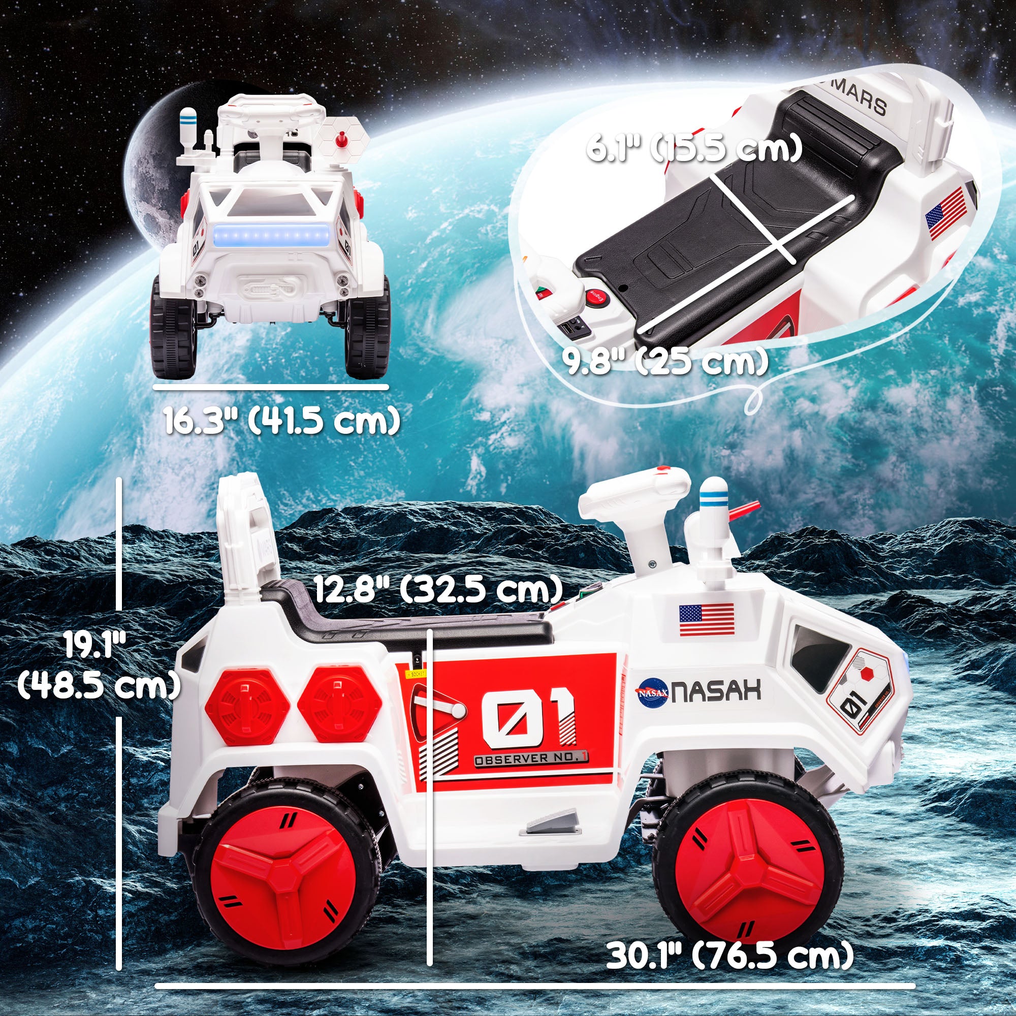 6V Mars Rover Electric Car for Kids with Sci-Fi Sounds, Lights, MP3, for Ages 3-5, White Electric Toy Cars   at Gallery Canada