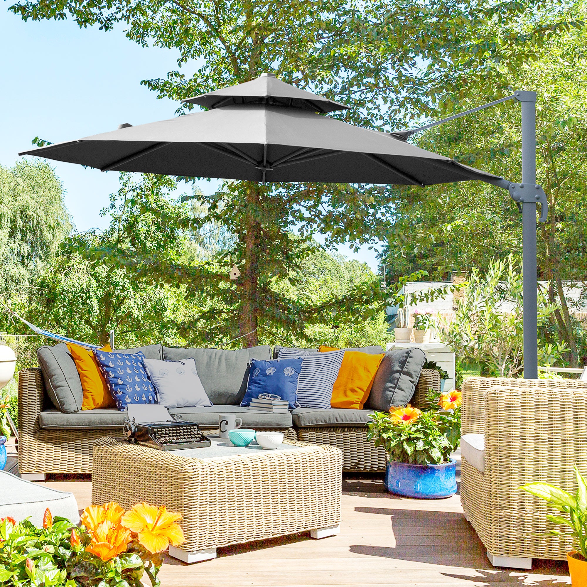 11ft Outdoor Cantilever Umbrella Rotatable Sun Shade Aluminum Market Umbrella with Adjustable Angle &; Double-top Canopy for Backyard, Poolside, Lawn and Garden Dark Grey Cantilever Umbrellas at Gallery Canada