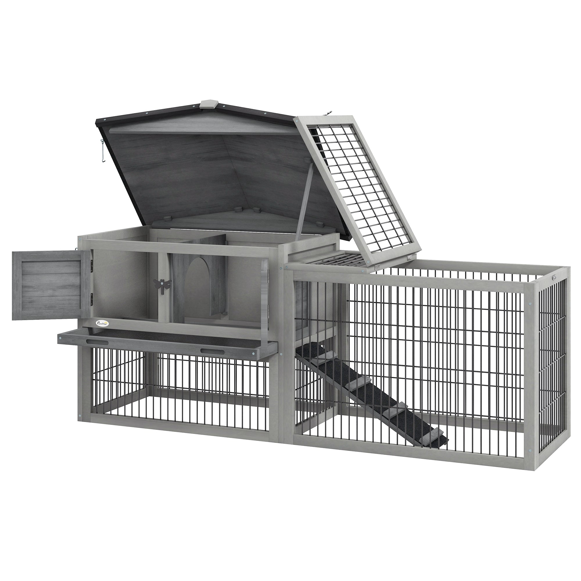 Wood Rabbit Hutch w/ Ramp, Openable Roof, Pull-out Tray, Light Grey Rabbit Hutch   at Gallery Canada