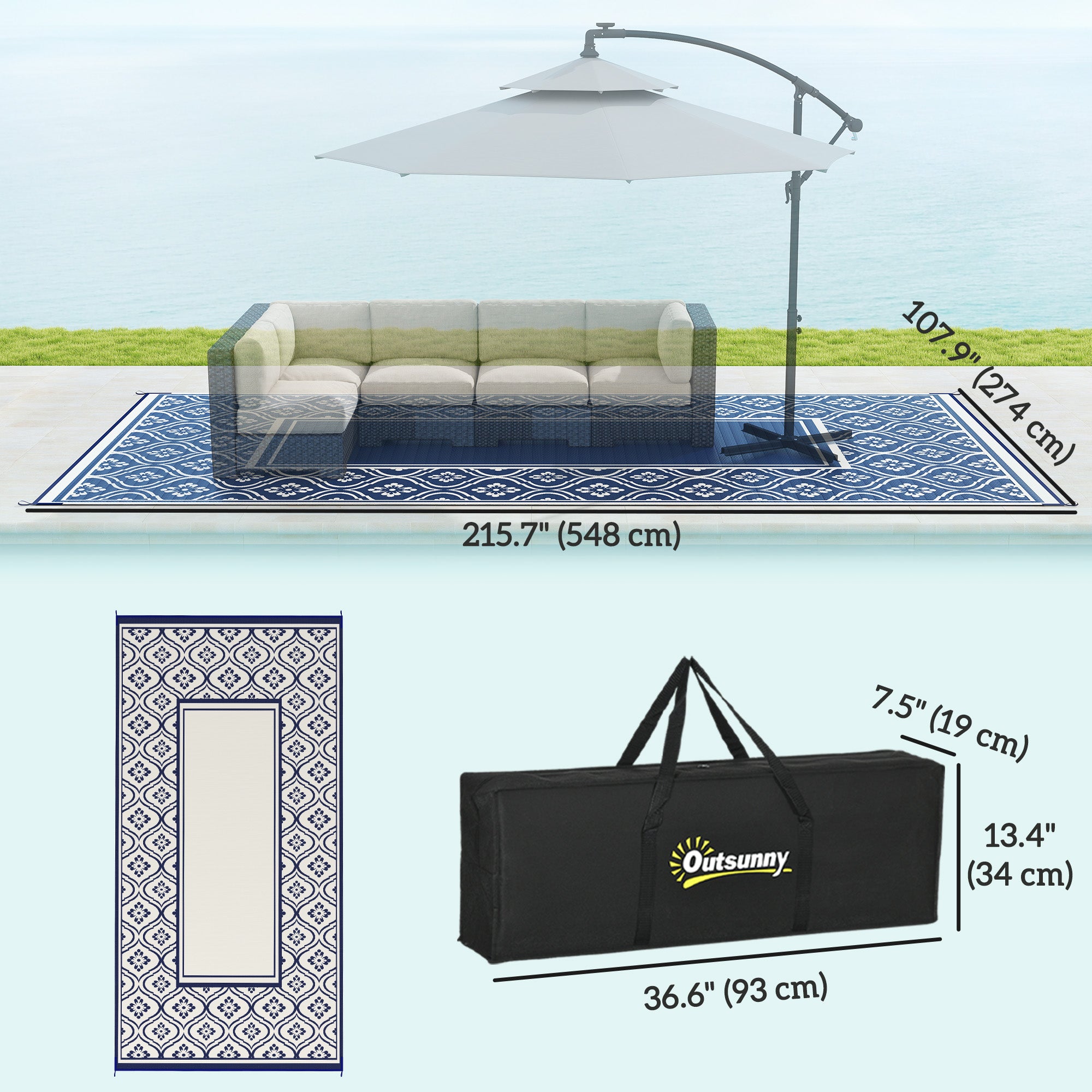 9' x 18' Outdoor RV Rug, Reversible Patio Floor Mat with Carry Bag, Gourd Border, Blue and White Garden Decor at Gallery Canada