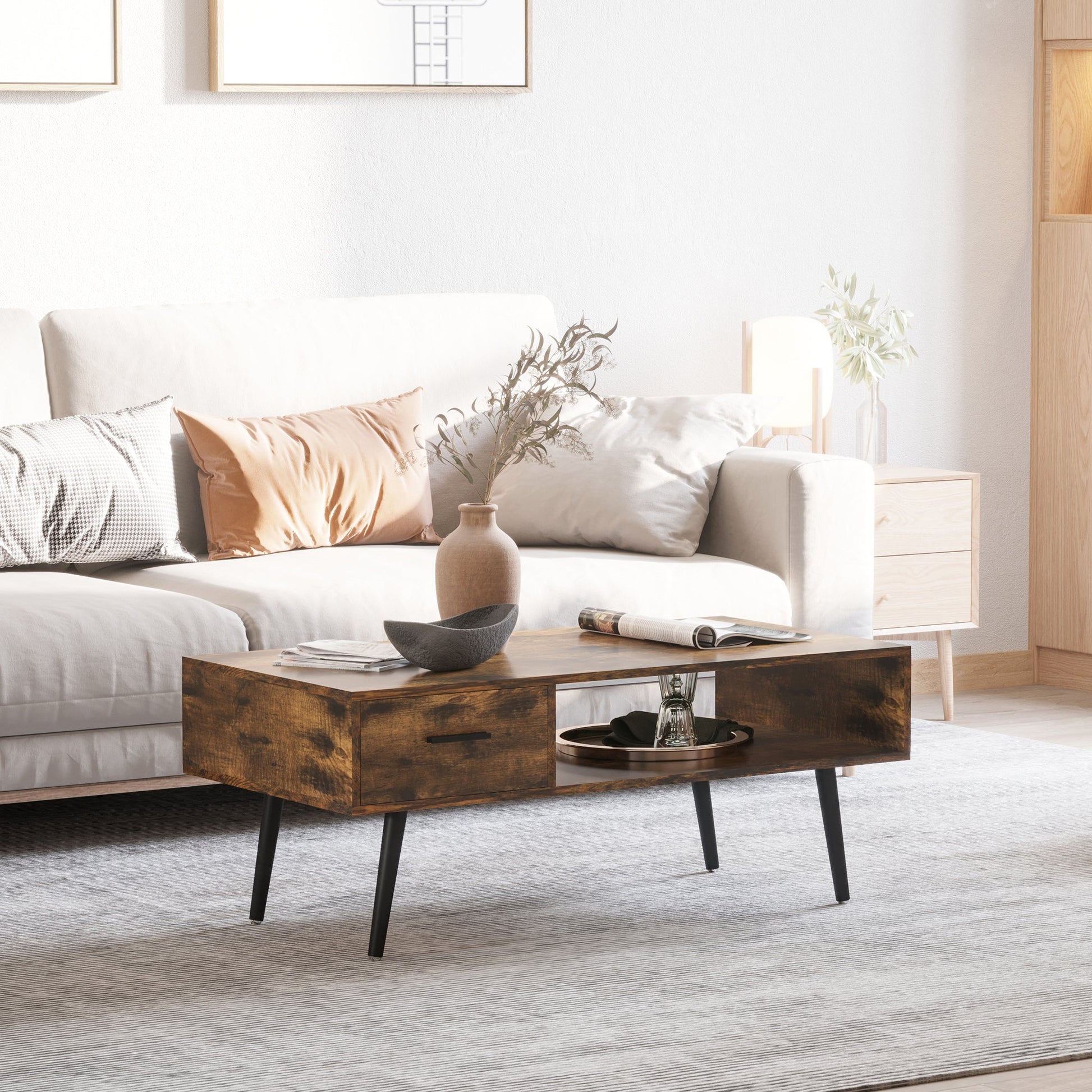 Retro Coffee Table with Storage Shelf and Drawer for Living Room, Vintage Wooden Sofa Side Table, Rustic Brown Coffee Tables   at Gallery Canada