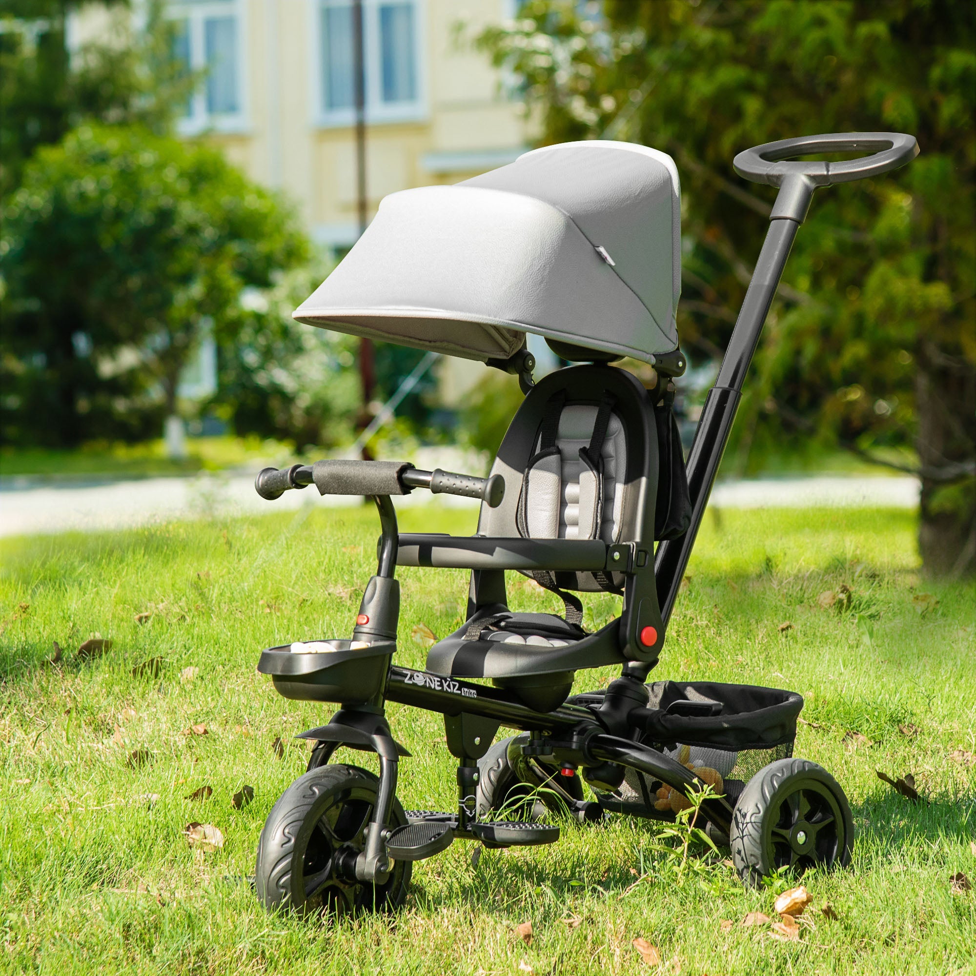 4-in-1 Baby Tricycle with Adjustable Seat, Handle, Canopy, Storage, Grey Tricycles for Kids   at Gallery Canada