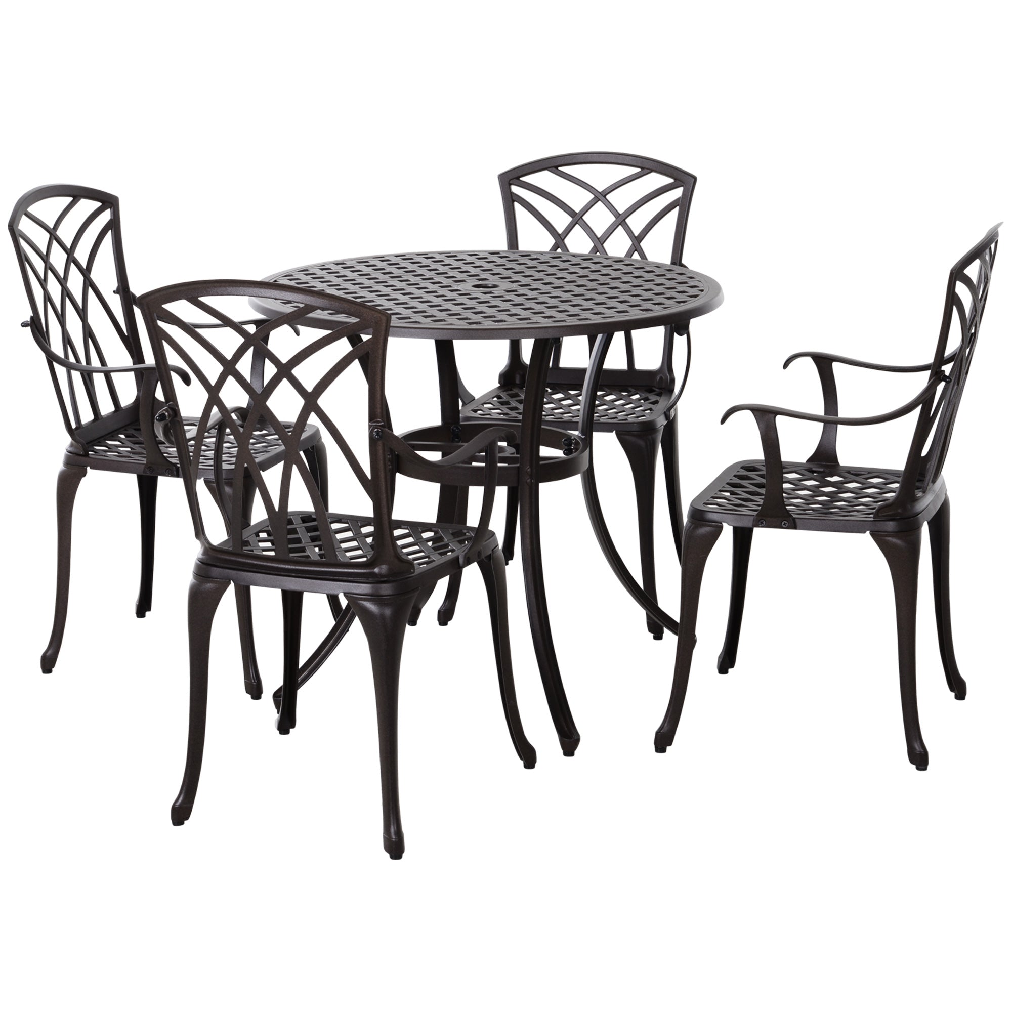 5 Pieces Outdoor Dining Set, Cast Aluminium Patio Table and Chairs with Parasol Hole, Patio Dining Set for 4, Brown Outdoor Dining Sets Brown at Gallery Canada