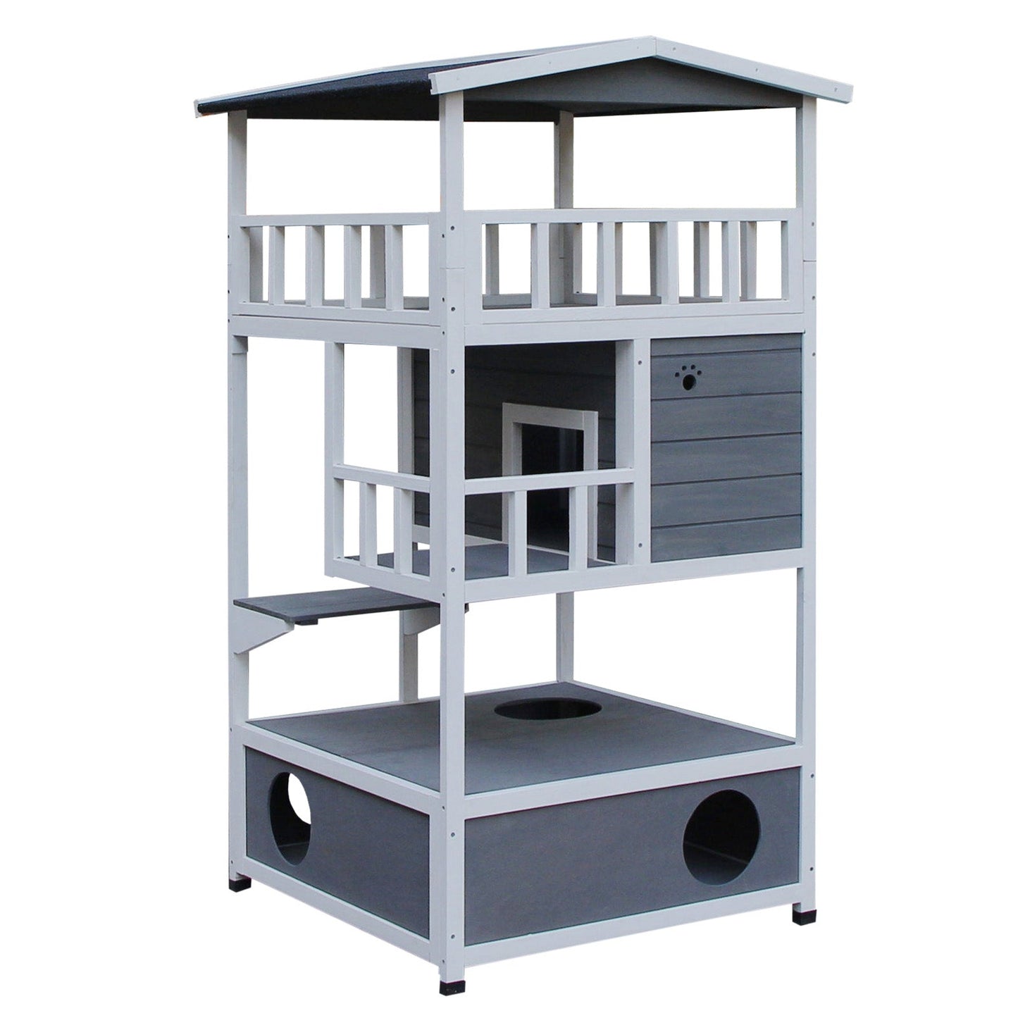 4-Floor Wood Outdoor Cat House Catio for Cats with Condo, Fun Entrances, Perch, Grey Cat Houses Multi Colour  at Gallery Canada