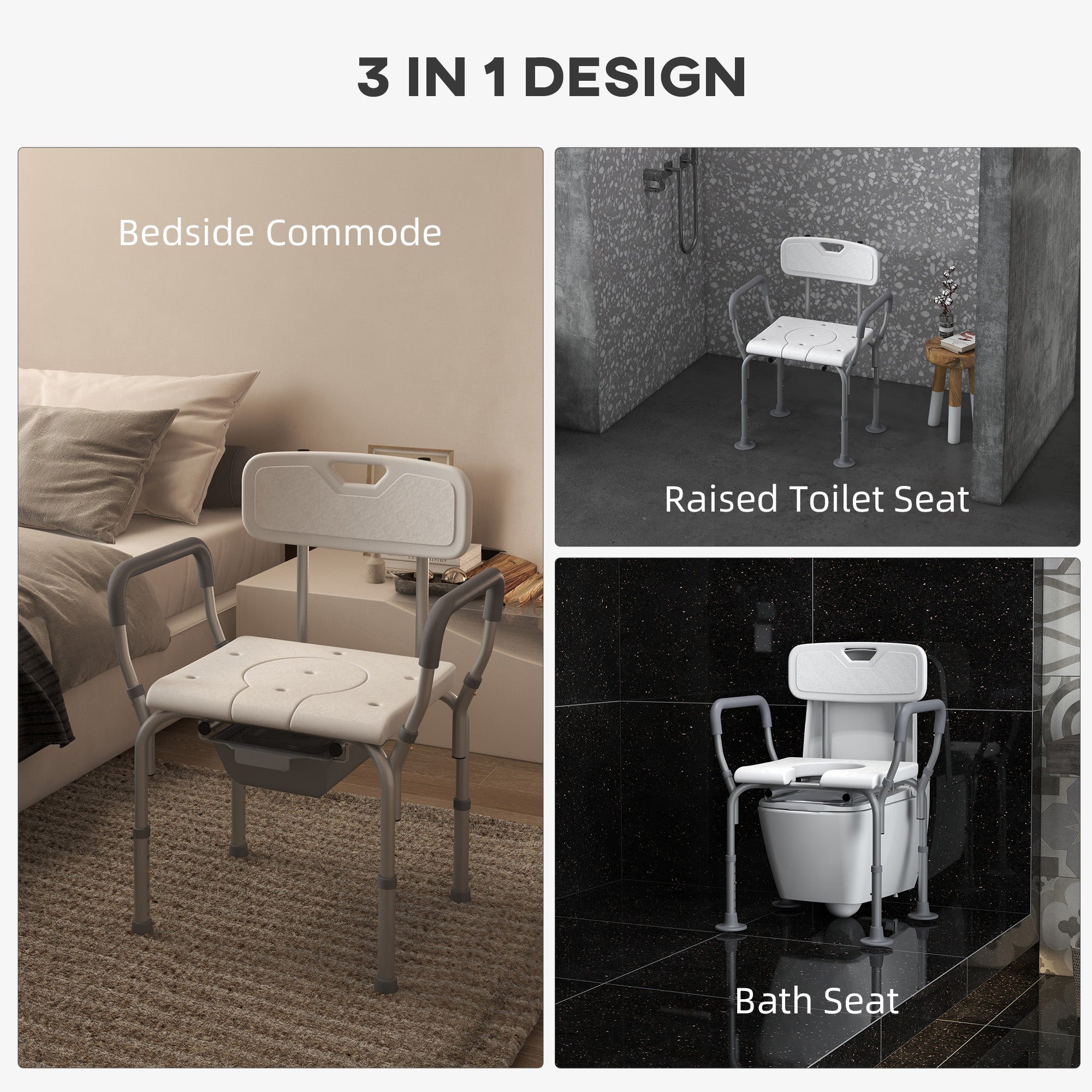 3-in-1 Shower Chair with Back, Adjustable Bedside Commode, Raised Toilet Seat w/ Rubber Foot Pad for Seniors, Disabled Bath Chairs   at Gallery Canada