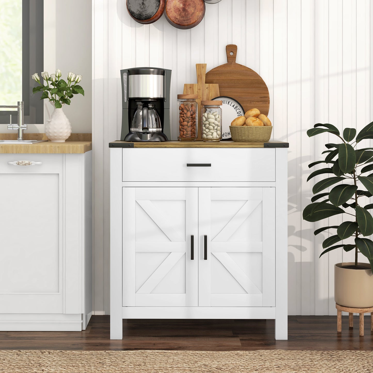 Farmhouse Buffet Cabinet Sideboard with 1 Drawer, 1 Storage Cabinet and Adjustable Shelf, White Bar Cabinets Multi Colour  at Gallery Canada