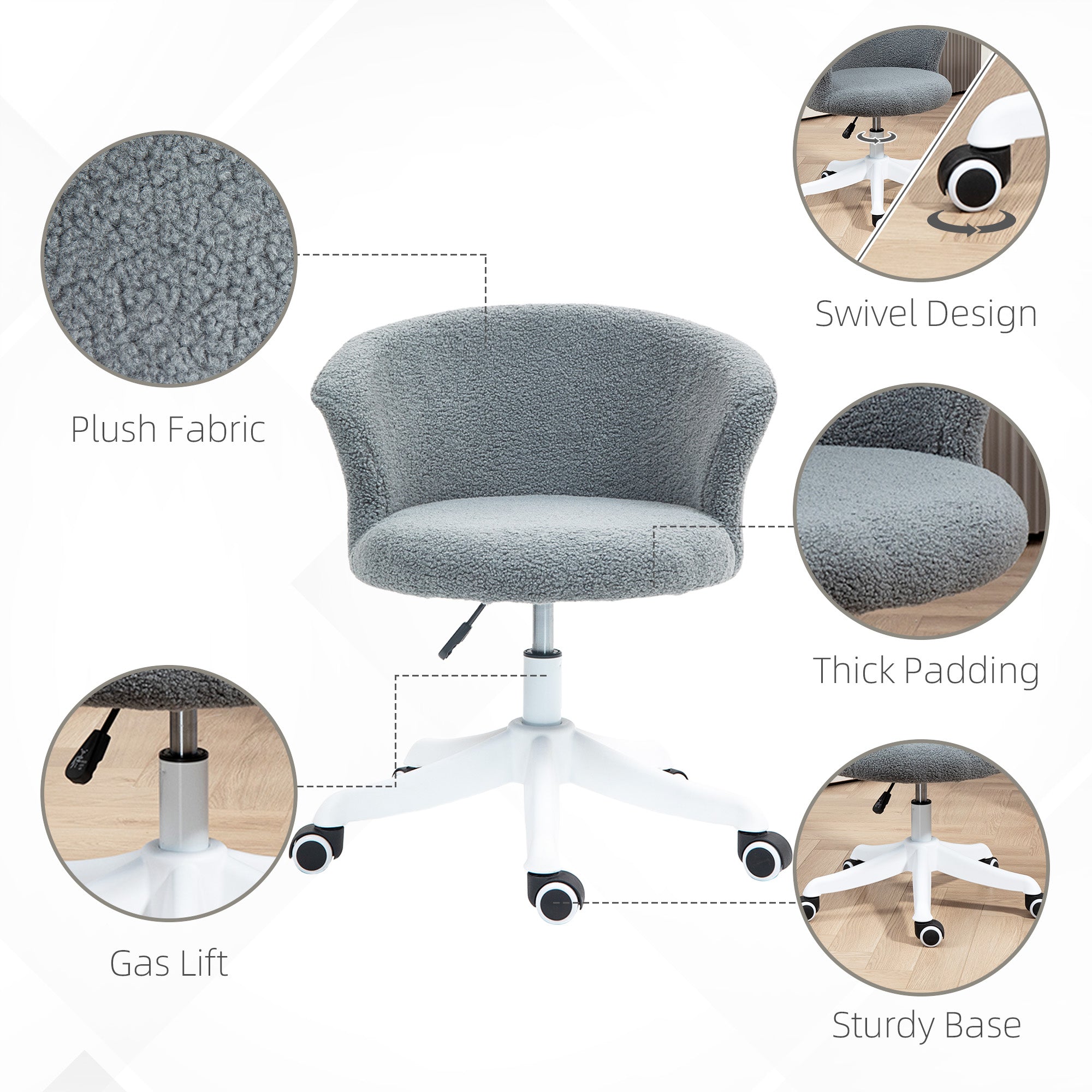 Armless Office Chair, Fluffy Computer Desk Chair with Adjustable Height, Swivel Wheels, Mid Back, Grey Office Chairs at Gallery Canada