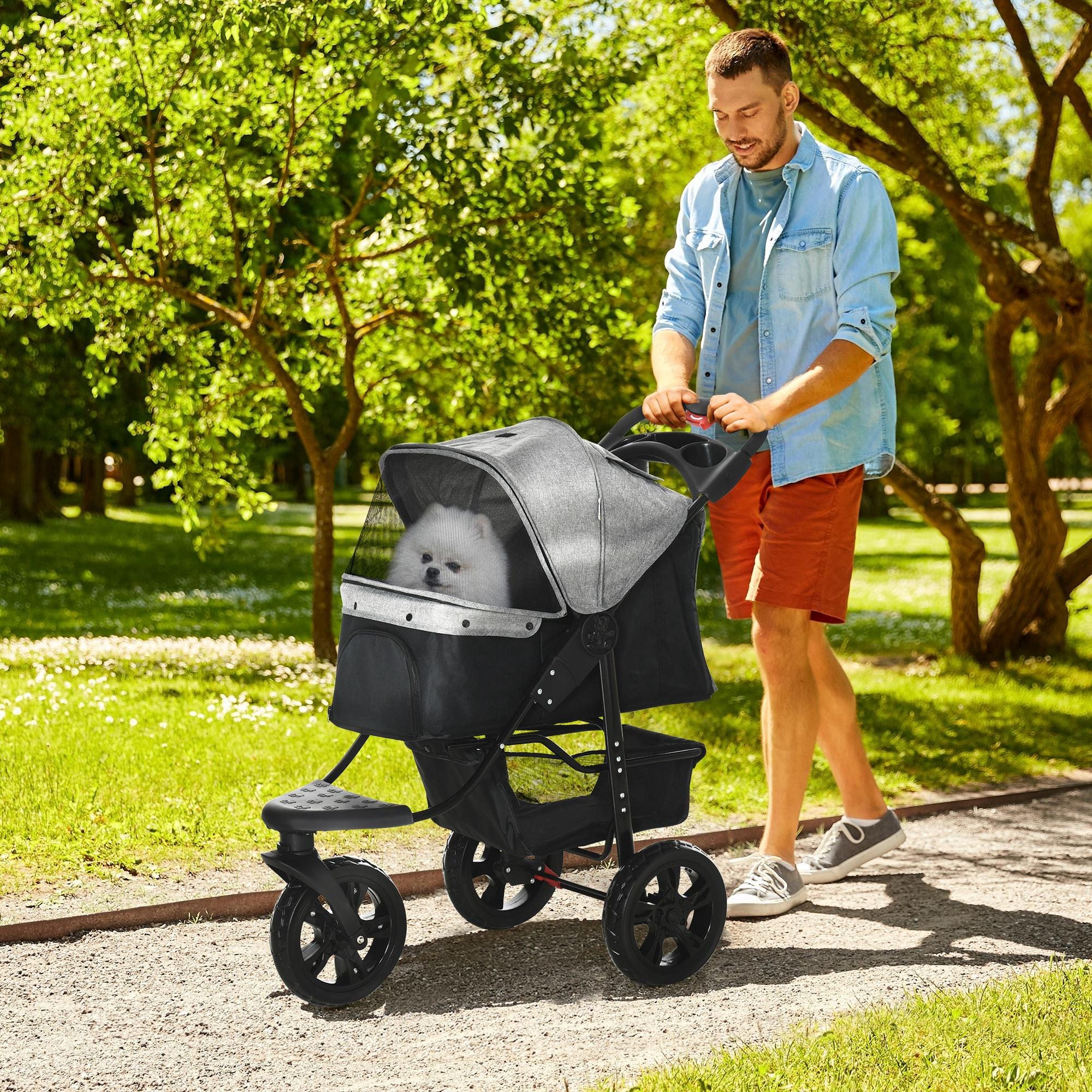 3 Wheel Folding Dog Stroller, Jogger Travel Carrier with Adjustable Canopy, Storage Brake, Mesh Window for S&;M Dogs Grey Dog Bike Trailers & Strollers at Gallery Canada