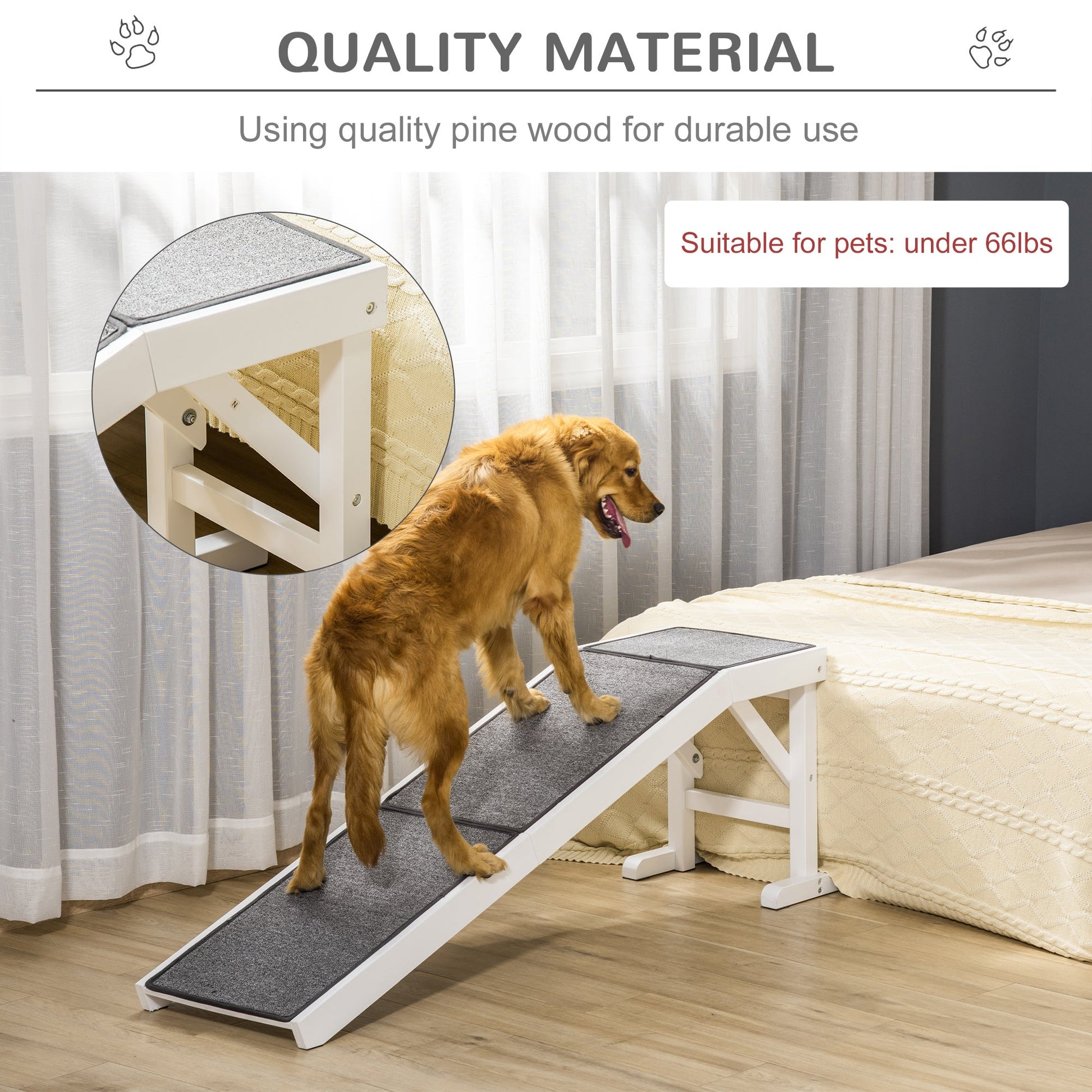 Pet Ramp Bed Steps for Dogs Cats Non-slip Carpet Top Platform Pine Wood 59"L x 16"W x 20"H White Grey Dog Stairs   at Gallery Canada