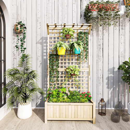 Wood Planter with Trellis for Vine Climbing, Raised Garden Bed, Privacy Screen for Backyard, Patio, Deck, Natural Wood