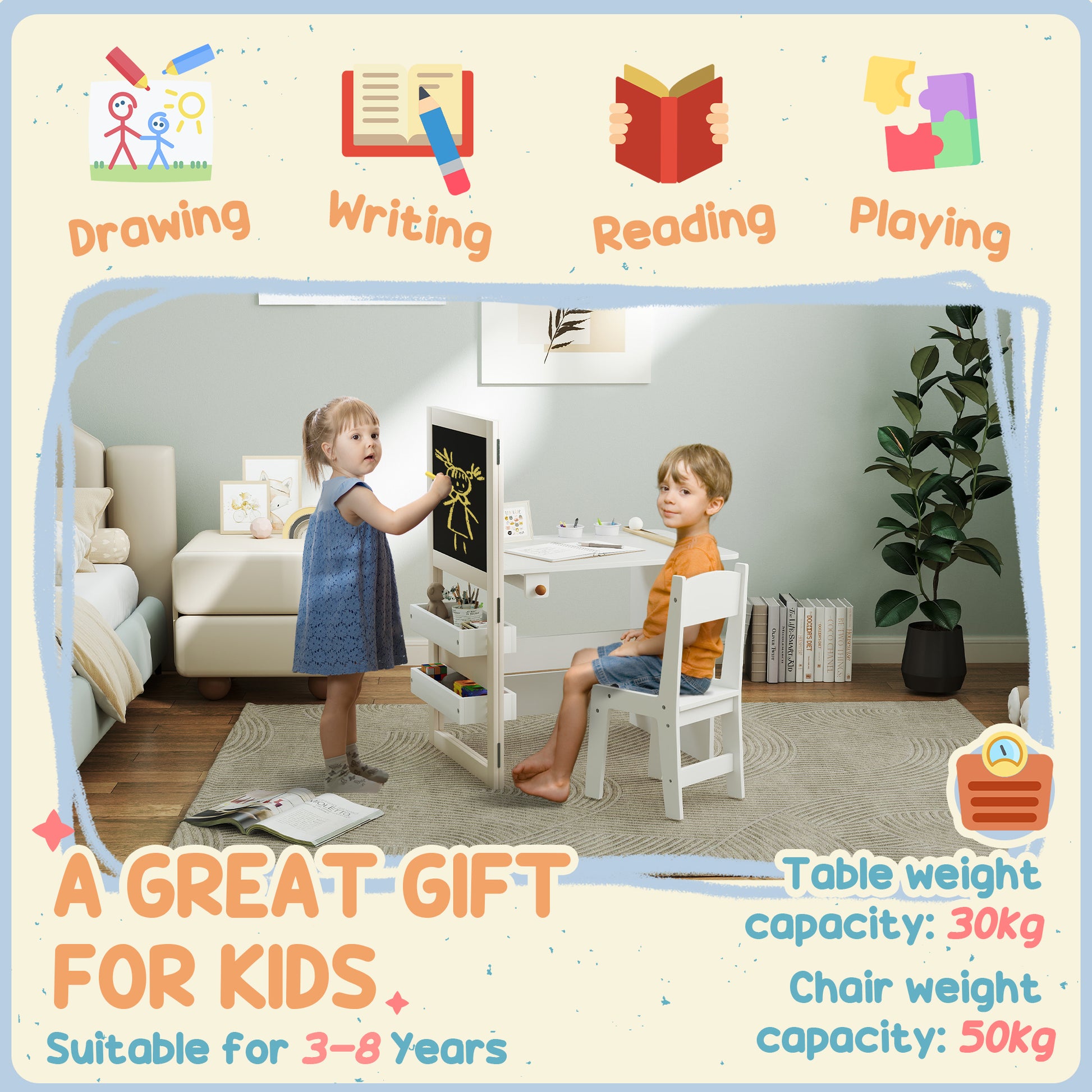 3 in 1 Kids Table and Chair Set with Foldable Easel, Storage Shelves, Roll Paper, White Kids Table Sets   at Gallery Canada