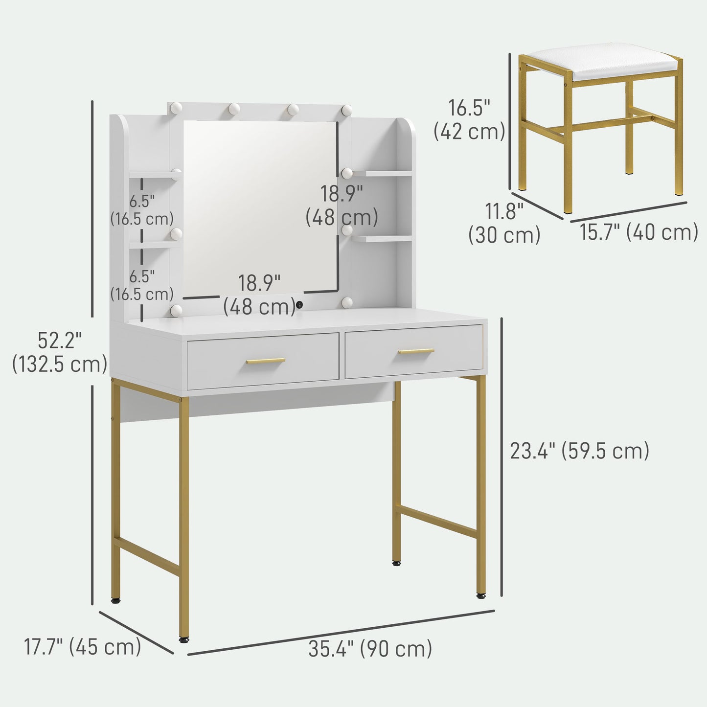 Makeup Vanity Desk Set with Lighted Mirror, Stool, Drawers, Shelves, 2 Lighting Modes, Dressing Table, White Dressing & Vanity Tables   at Gallery Canada