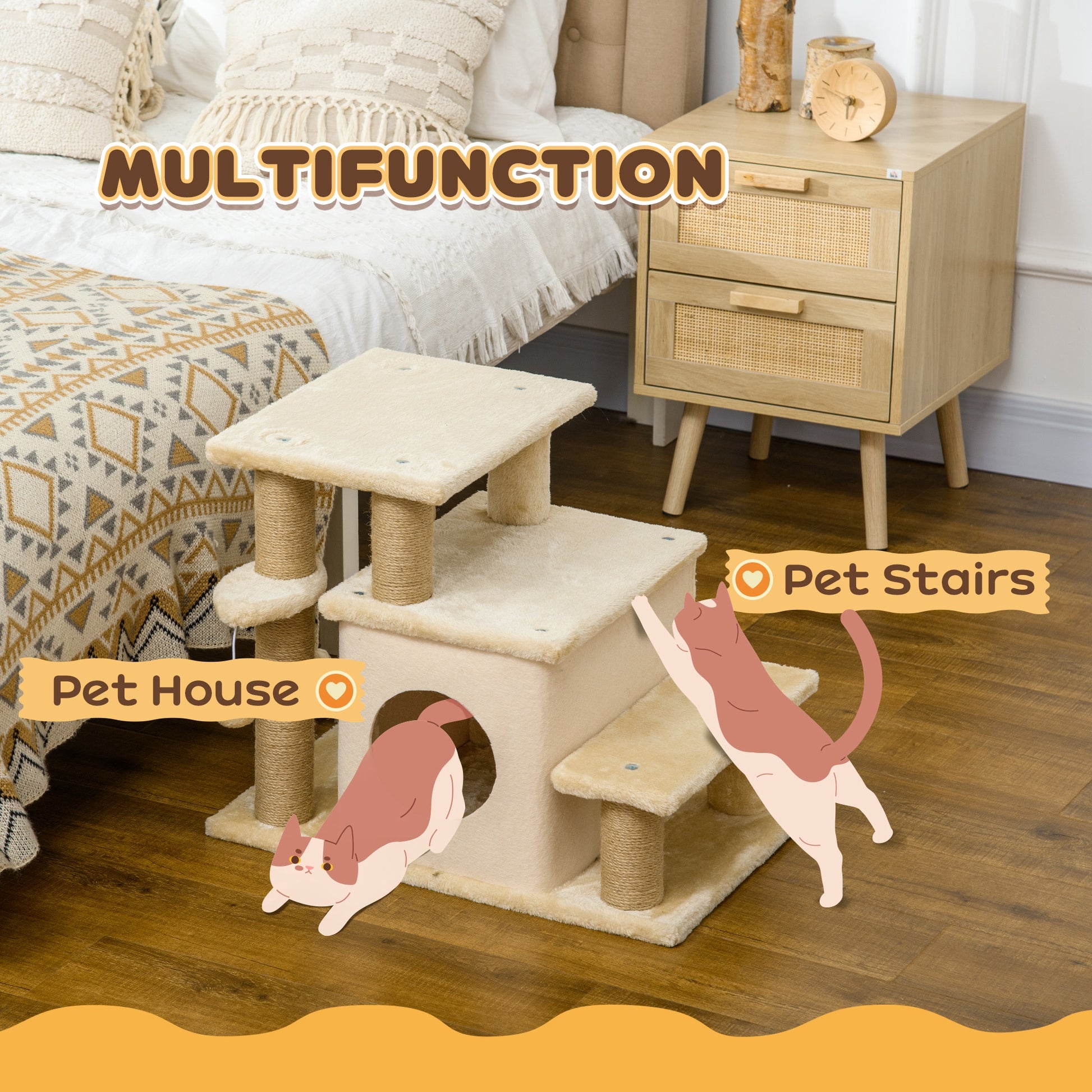 Cat Stairs Pet Steps for Couch Bed with Scratching Posts Condo Ball Toy, 23.6" x 15.7" x 26", Beige Dog Stairs   at Gallery Canada