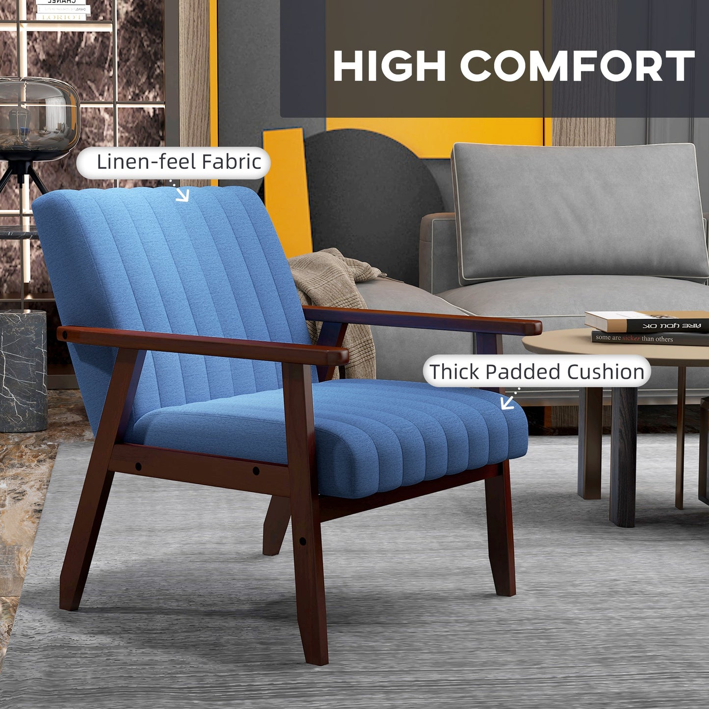 Upholstered Armchair, Modern Accent Chair with Wood Legs and Tufting Design for Living Room, Bedroom, Dark Blue Accent Chairs   at Gallery Canada