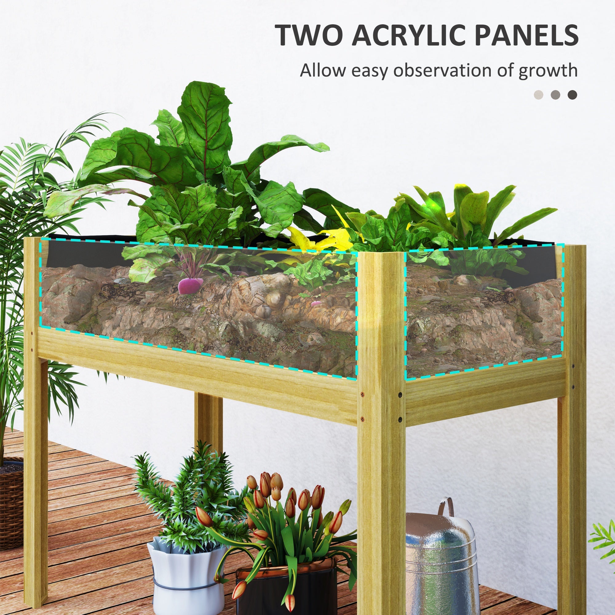 Wooden Raised Garden Bed with Acrylic Panels, Raised Planter Box with Drainage Holes, 43.3