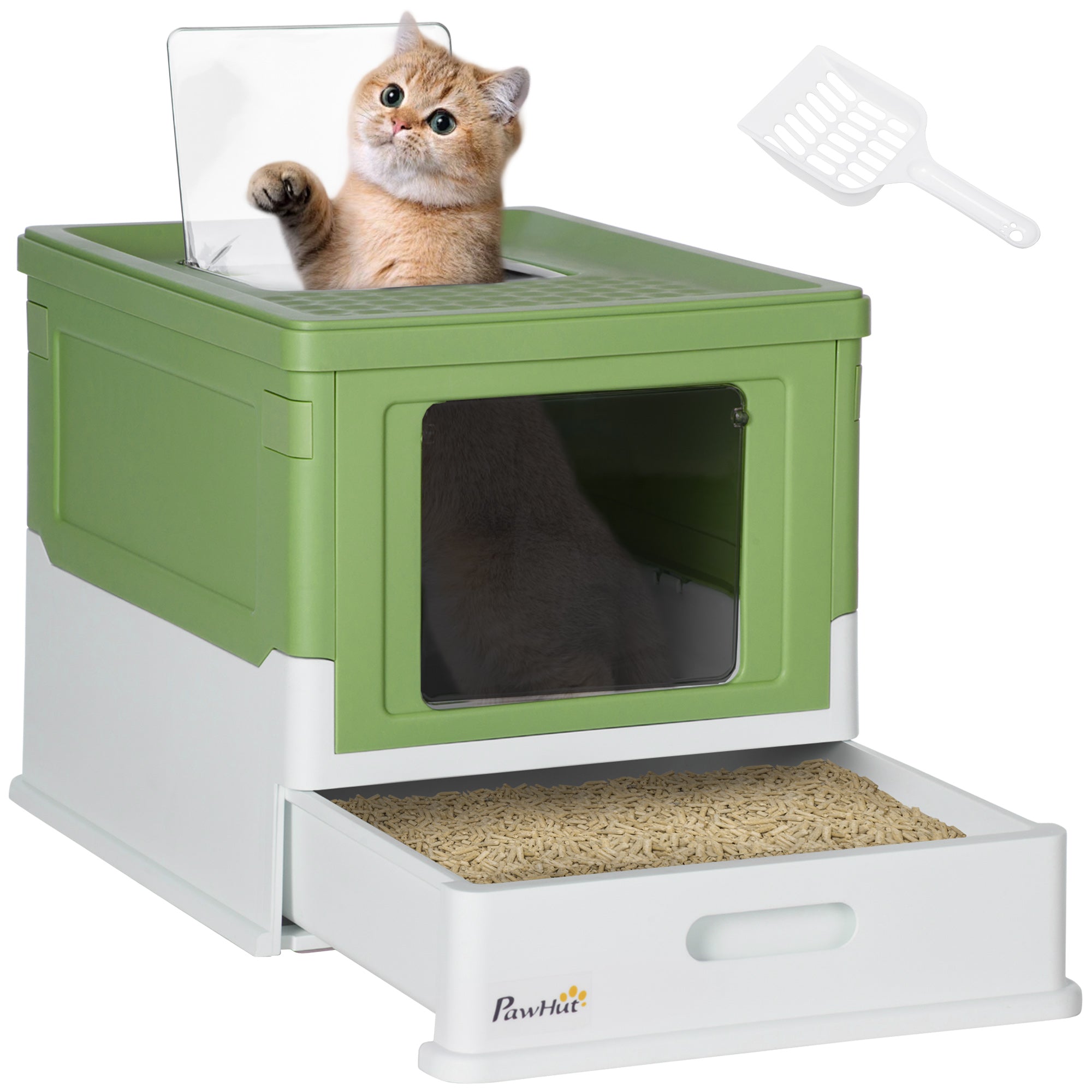 Top Entry Enclosed Kitty Litter Box with Scoop, Tray, Front Entry, Large Space, Foldable, Portable, Dark Green Cat Litter Box Enclosures   at Gallery Canada