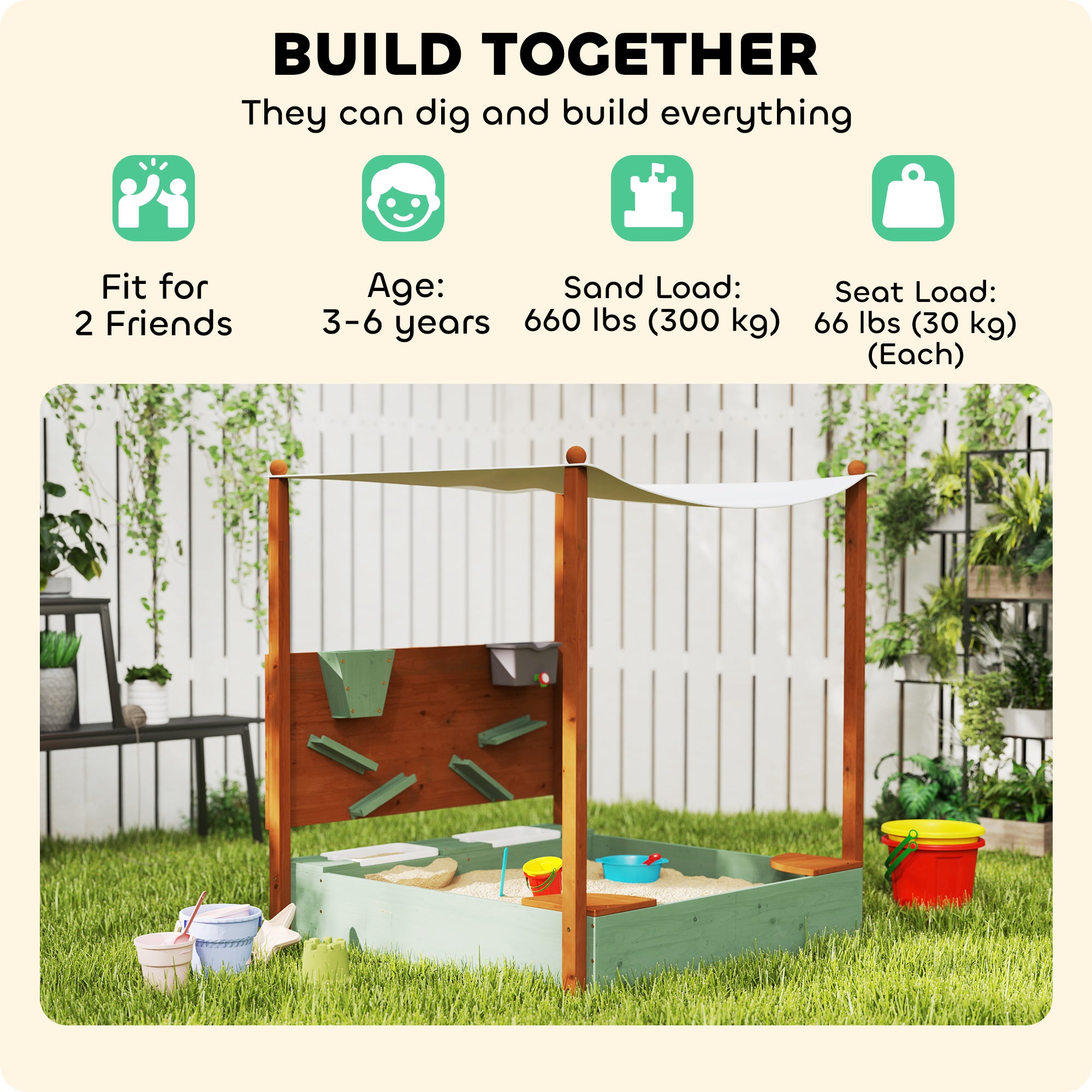 Wooden Kids Sandbox with Canopy, Sand Wall, Bottom Liner, for 3-6 Years, 46