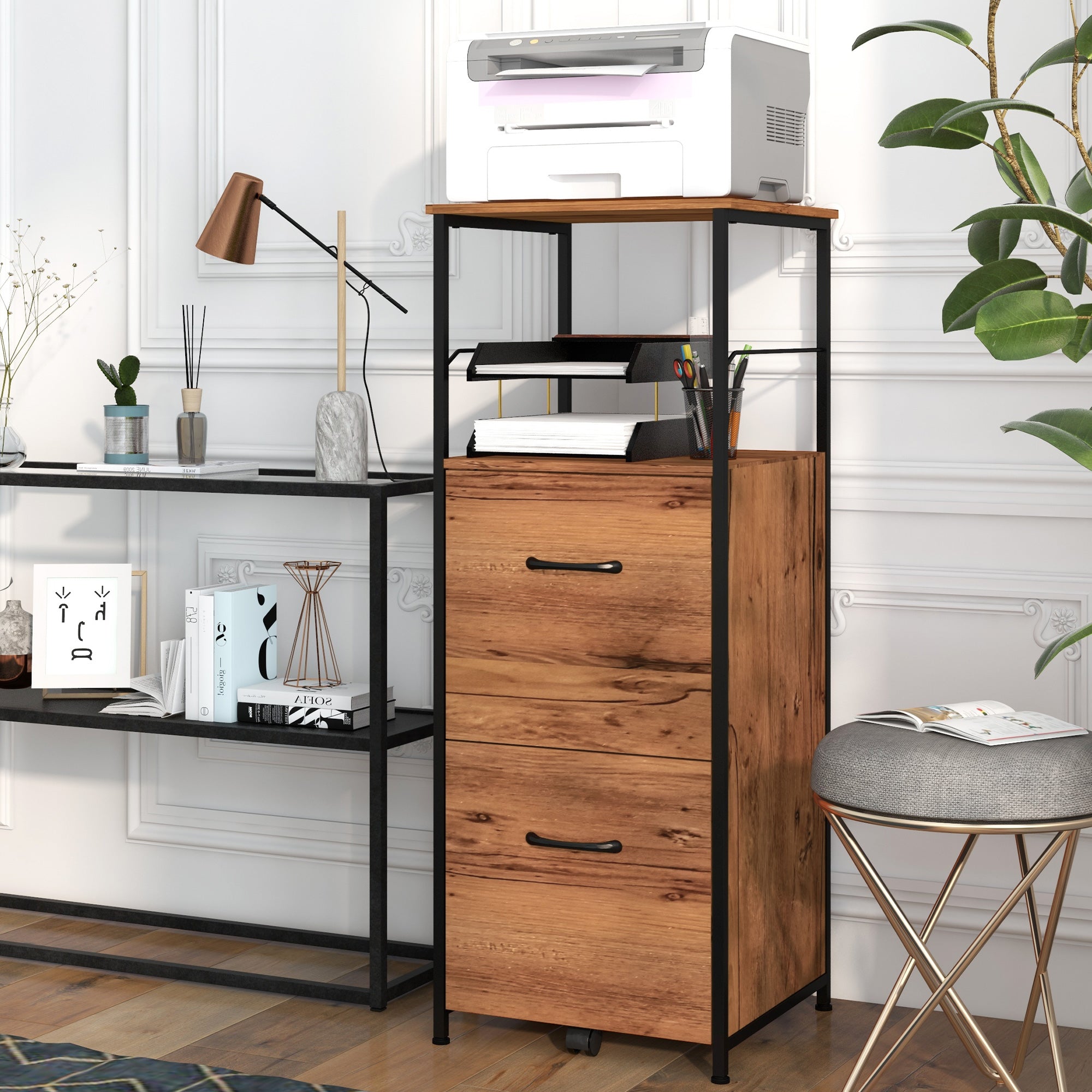 Industrial Vertical Filing Cabinet with 2 Drawers, Open Shelf, Hanging Bars, Rustic Brown Office Cabinets & Cupboards   at Gallery Canada