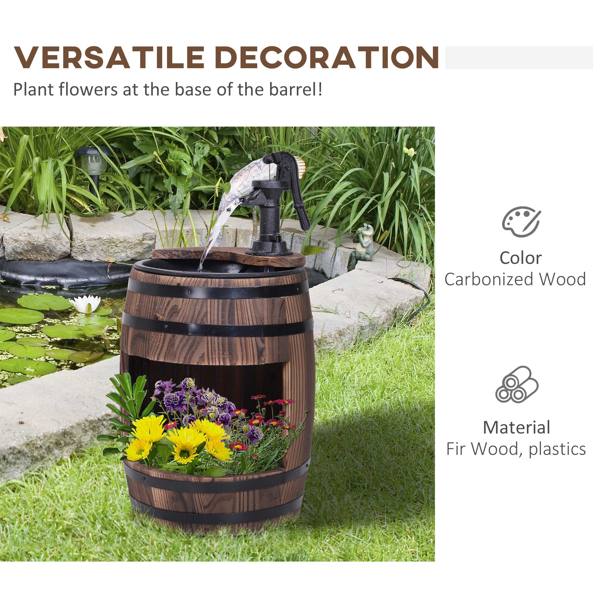 Wooden Outdoor Fountain, Electrical Barrel Waterfall with 3600r/min Speed Pump for Patio, Backyard, Carbonized Water Fountains at Gallery Canada