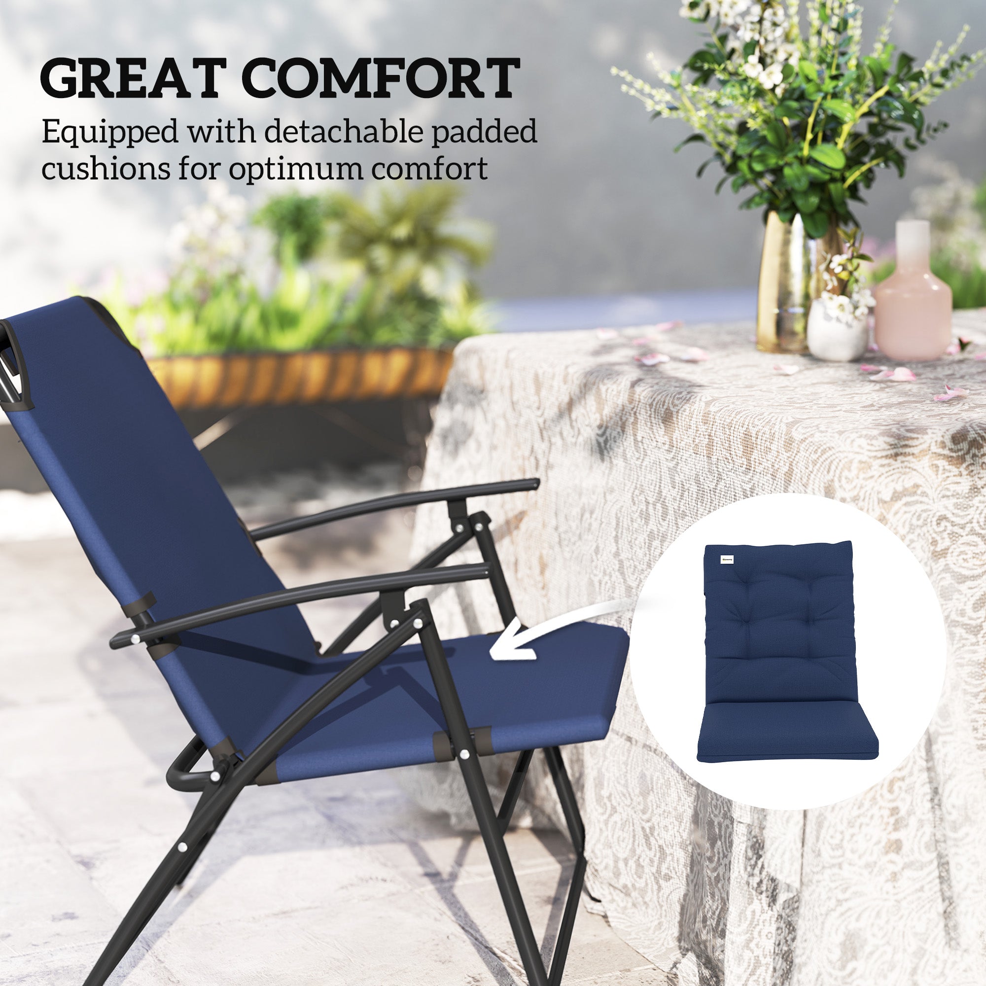 Set of 2 Foldable Lawn Chairs with Adjustable Backrest Padded Folding Camping Chairs for Outdoor Blue Patio Chairs at Gallery Canada