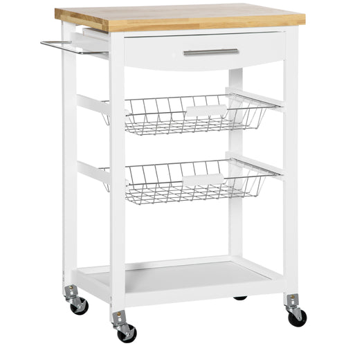 3-Tier Utility Kitchen Cart with Handle Bar, Steel Basket Rolling Kitchen Island, Food Storage Service Trolley with Wheels, Rubber Wood Top, White