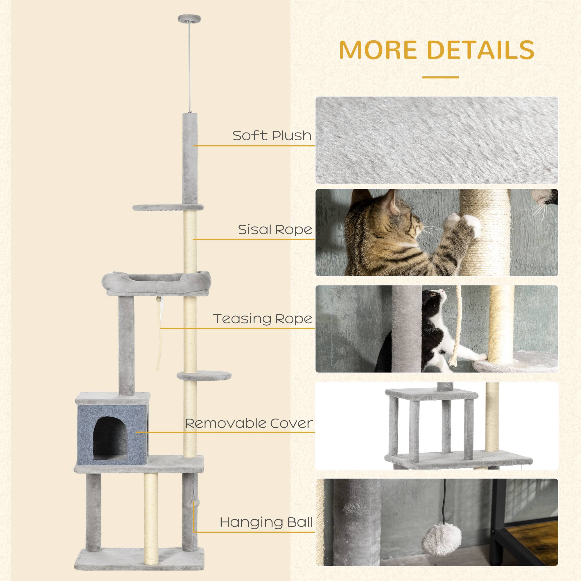 Adjustable Floor-to-Ceiling Cat Tree Tower with Condo and Bed, Grey Floor to Ceiling Cat Trees   at Gallery Canada