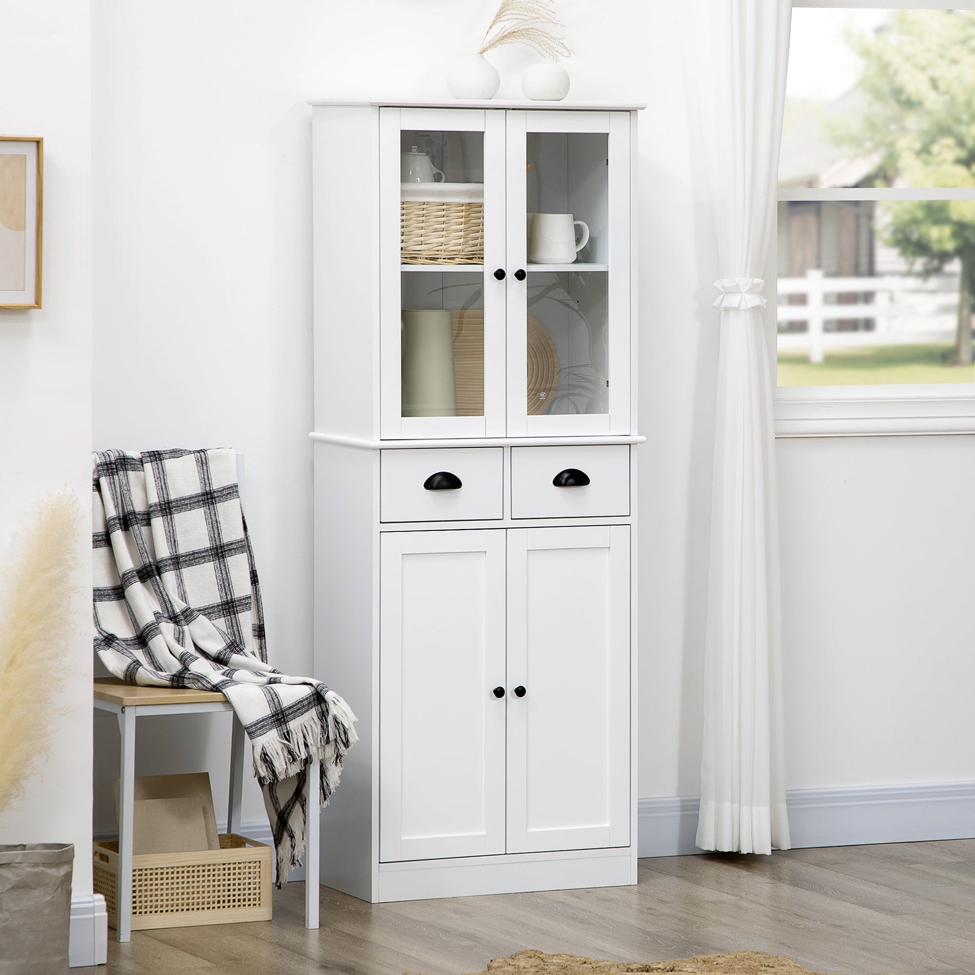 61" Pine Wood Kitchen Pantry, Buffet Cabinet, Freestanding Farmhouse Storage Cabinet with Soft Close Doors and Adjustable Shelves, White Kitchen Pantry Cabinets   at Gallery Canada