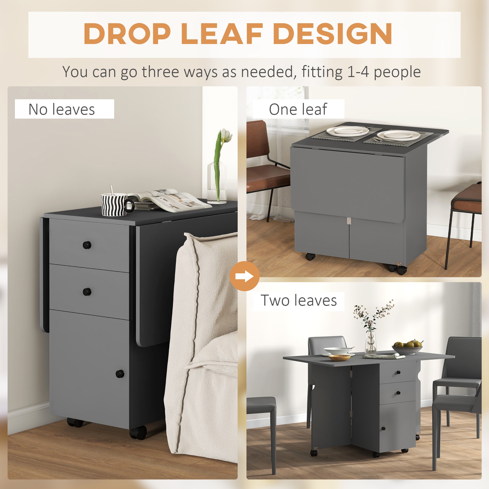Extendable Dining Table, Drop Leaf Table with 2 Drawers, Cabinet and 6 Wheels for Small Spaces, Kitchen, Grey Dining Tables at Gallery Canada