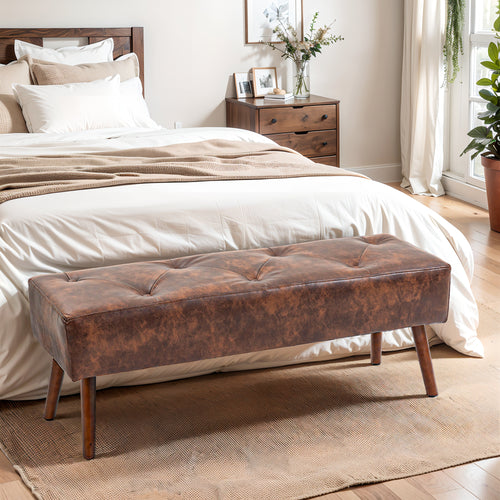 Bedroom Bench, End of Bed Bench with Button Tufted, PU Leather Upholstered Entryway Bench with Wood Legs, Brown