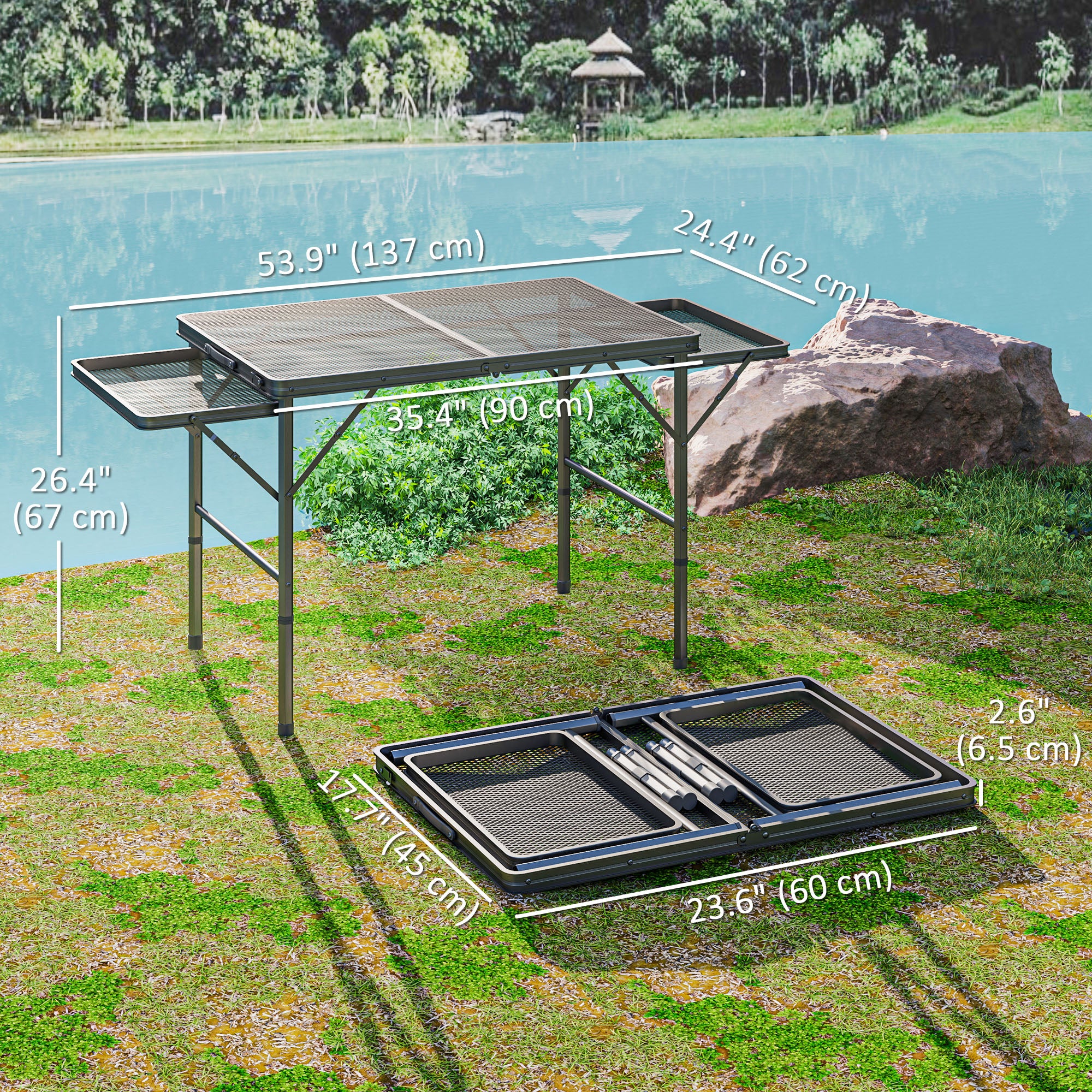 4.5ft Folding Grill Table, Height Adjustable Camping Table w/ Wing Panels, Metal Portable Picnic Table w/ Mesh Desktop Picnic Tables & Camping Chairs at Gallery Canada