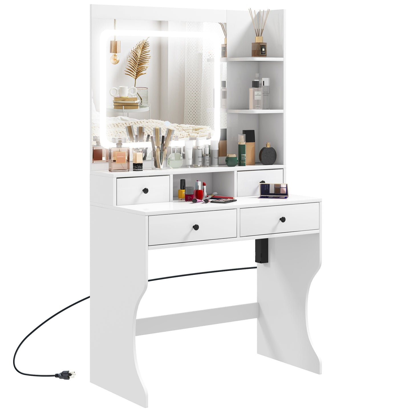 Dressing Table with Lighted Mirror, Vanity Table with Charging Station, USB Ports, Drawers, Storage Shelves, White Dressing & Vanity Tables   at Gallery Canada