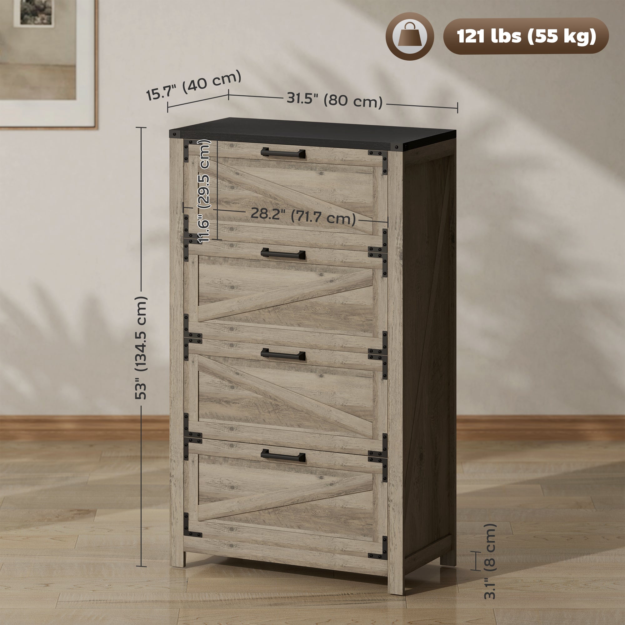 4 Drawer Filing Cabinet, Farmhouse Office Storage Cabinet with Adjustable Hanging Bars for Letter, A4, Legal Size, Grey Office Cabinets & Cupboards at Gallery Canada