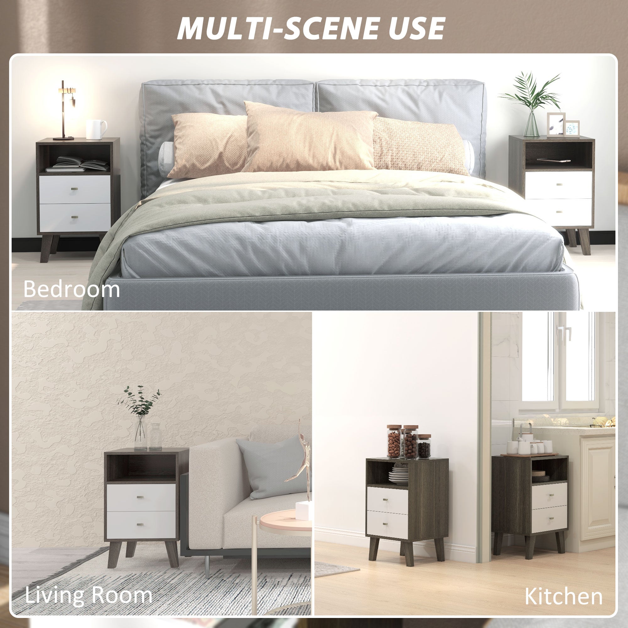 Nightstand Set of 2, Modern Bedside Table, Night Stand for Living Room with 3 Drawers and Open Storage, Grey Bedside Tables at Gallery Canada