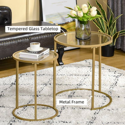 Set of 2 Nesting Coffee Tables with Metal Base, Round Side Table with Tempered Glass Tabletop for Living Room, Bedroom, Gold Side Tables   at Gallery Canada