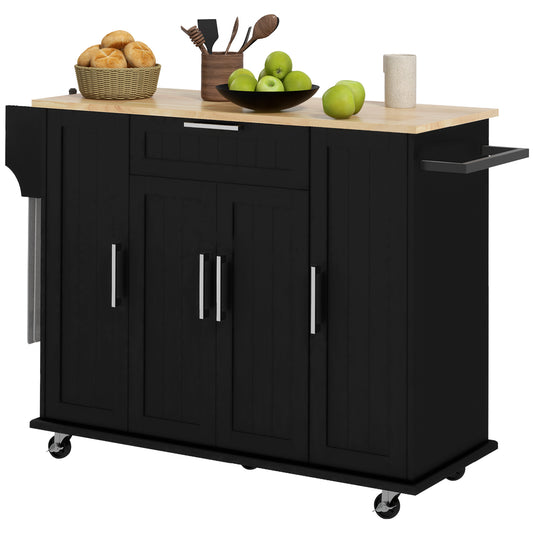 Modern Rolling Kitchen Island Cart with Drawers, Natural Wood Top, Towel Rack, Door Storage Cabinet, Black Kitchen Islands & Kitchen Carts   at Gallery Canada