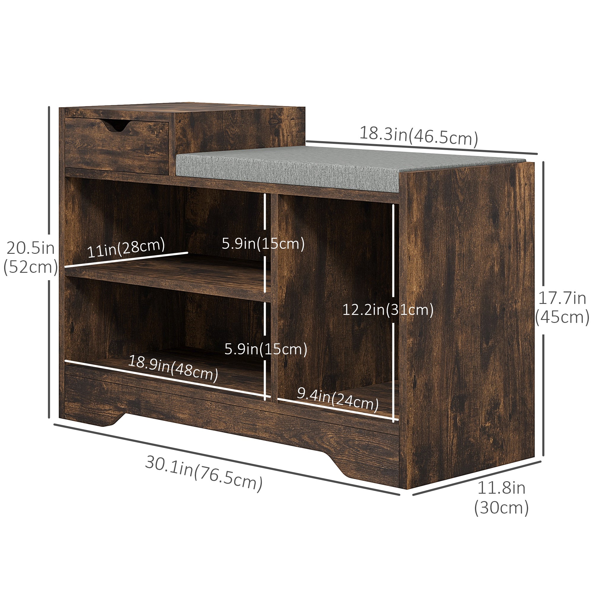 Upholstered Shoe Storage Bench, Hallway Shoe Storage with Seat, Drawer, 3 Open Shelves for Entryway, Rustic Brown Shoe Storage Cabinets & Racks   at Gallery Canada