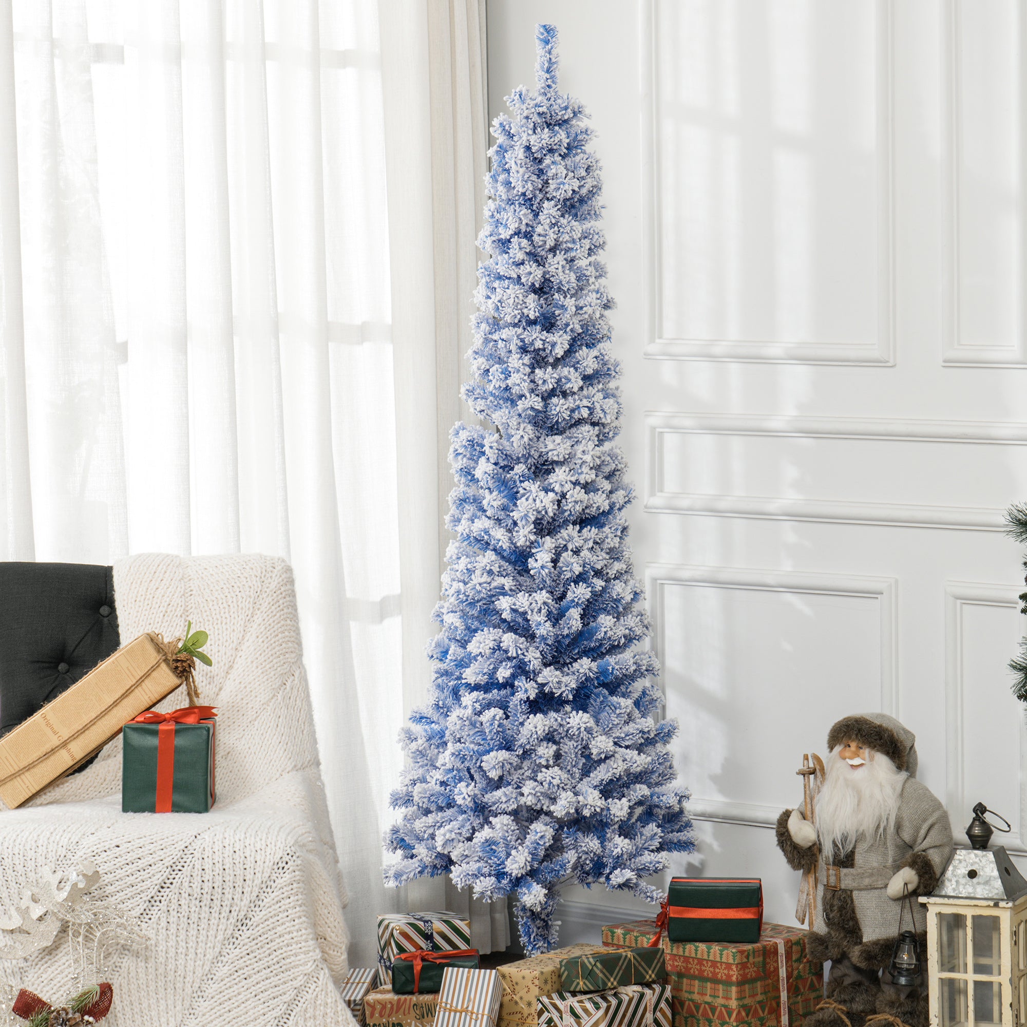 7.5ft Flocked Christmas Tree, Pencil Christmas Tree with Realistic Branch Tips, Folding Metal Stand, Blue Pencil Christmas Trees   at Gallery Canada