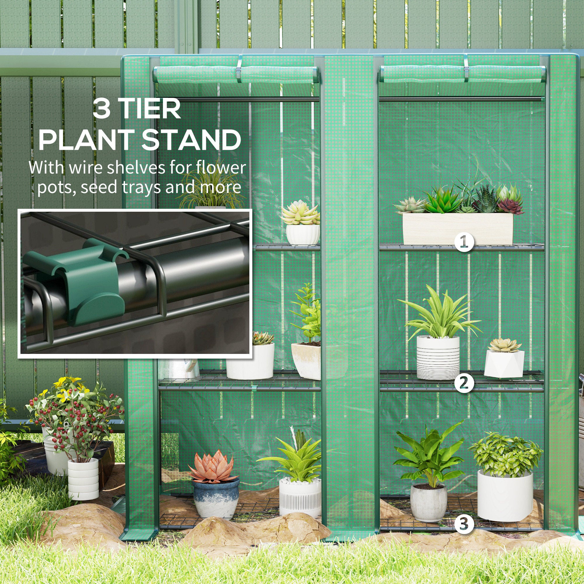 Lean-to Greenhouse with 3 Tier Shelves, Mini Greenhouse with 2 Roll-Up Doors for Indoor Outdoor, Green Greenhouses at Gallery Canada