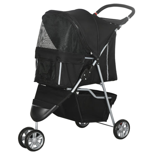 3 Wheels Foldable Dog Stroller with Storage Basket, Adjustable Canopy, Cupholder for Miniature and Small Dogs, Black