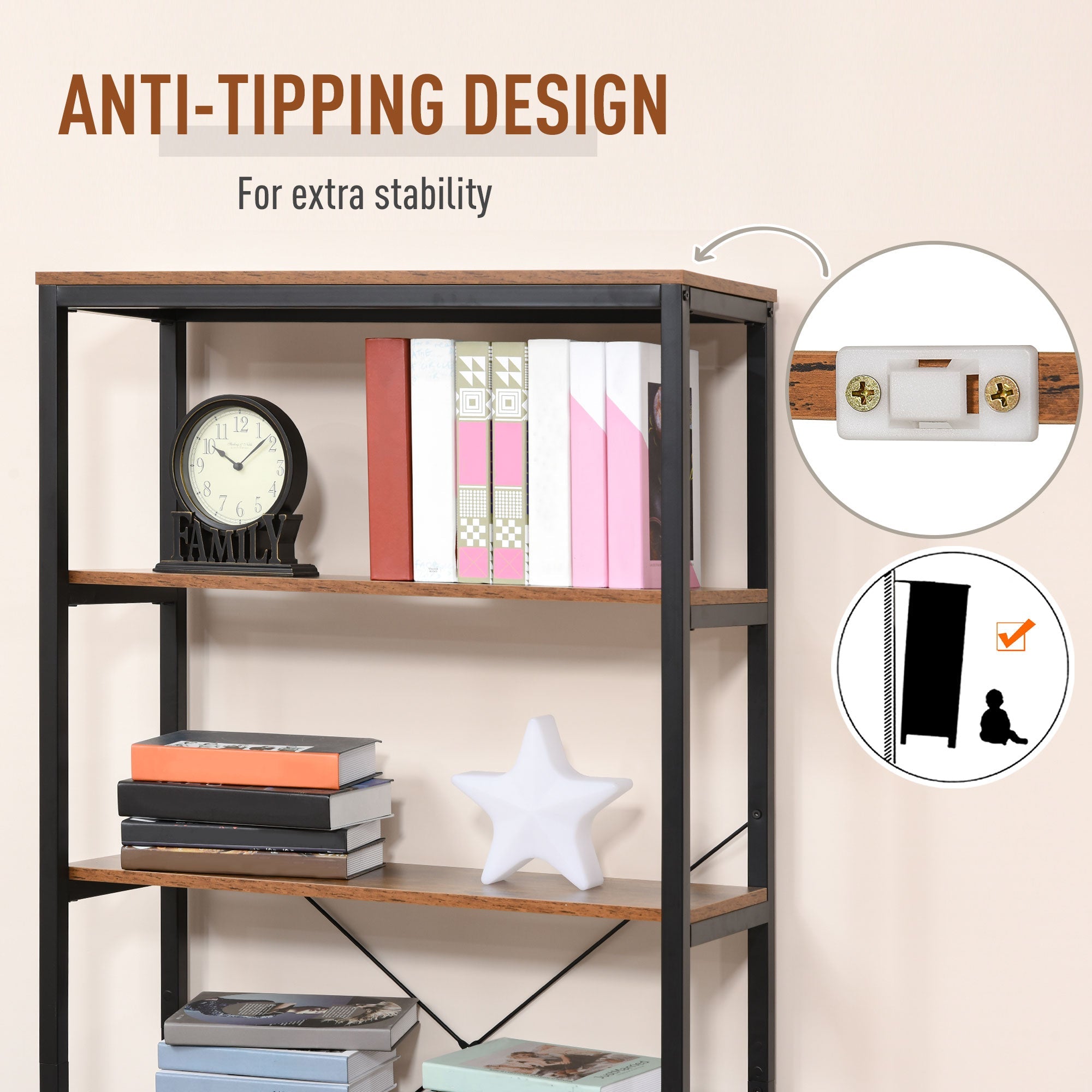 Retro Industrial Bookcase Storage Shelf Closet Floor Standing Display Rack with 6 Tiers, Metal Frame for Living Room &; Study Display Bookshelves   at Gallery Canada