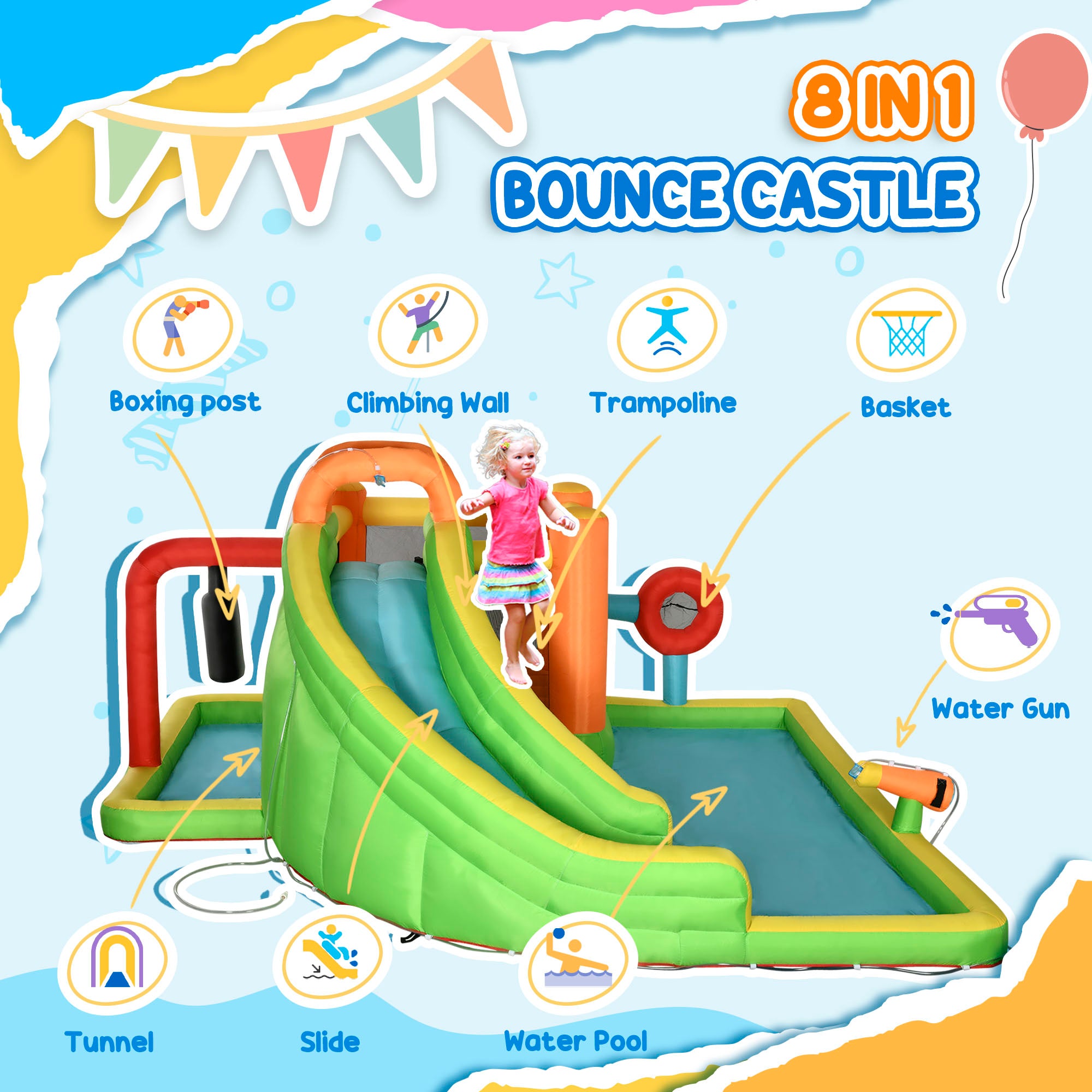 Extra Large 8-in-1 Bouncy Castle for Kids, Inflatable Water Slide Bounce House, Includes Slide, Trampoline, Pool, Water Gun, Ball-target, Boxing Post, Tunnel with Carry Bag, 750W Air Blower Inflatables at Gallery Canada