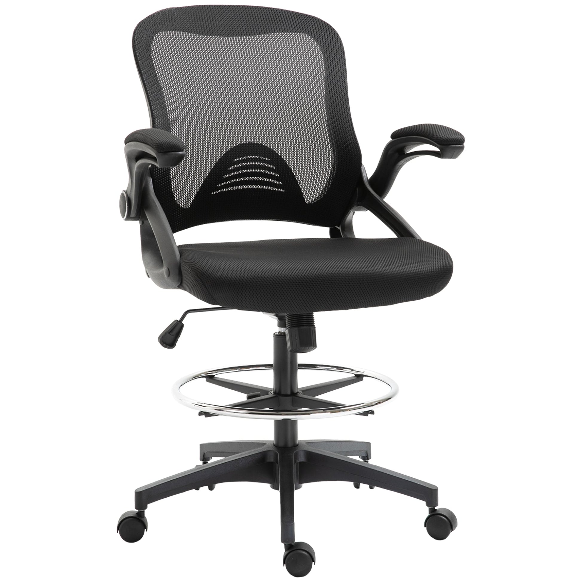 Adjustable Drafting Chair Tall Office Stand-Up Chair with Flip-up Armrest and Foot Ring, 360° Swivel, Black Task Chairs Black  at Gallery Canada