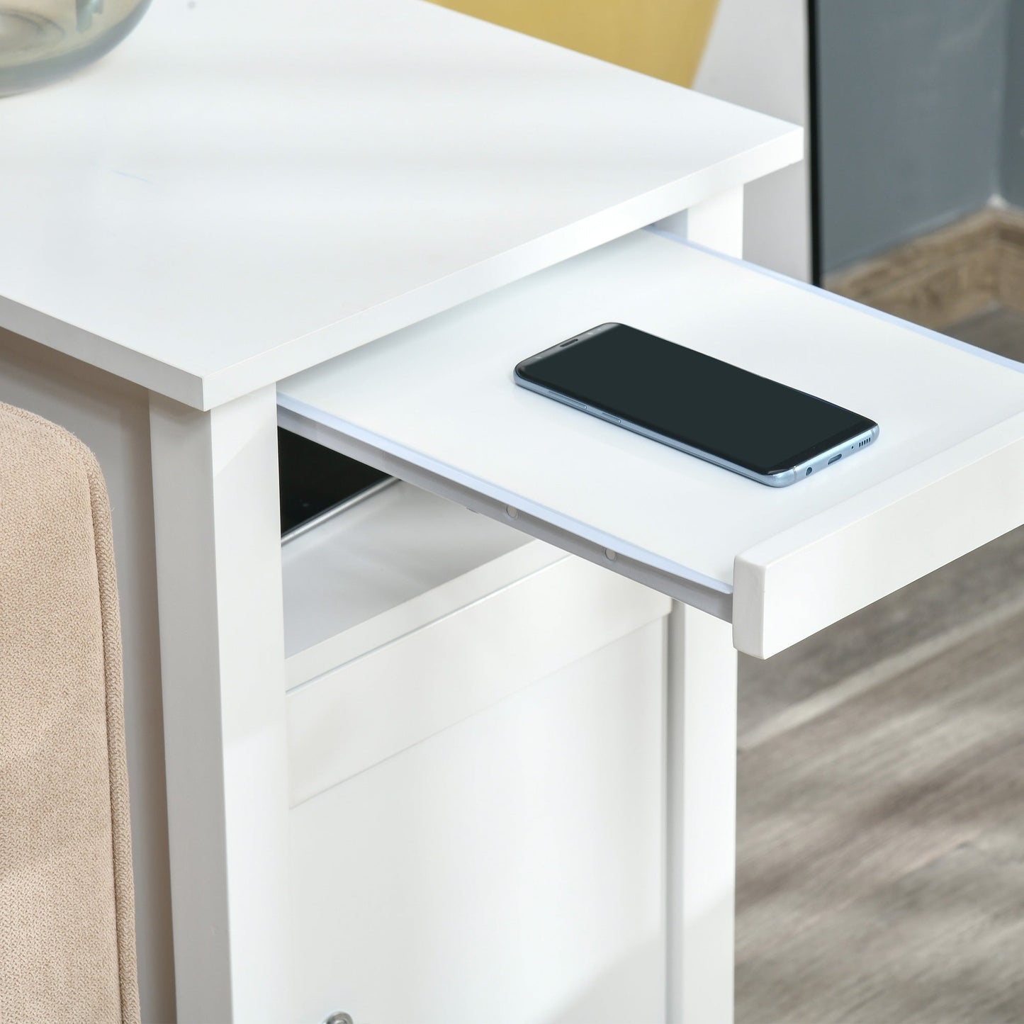 Wooden3-Tier Modern Nightstand with Pullout Shelf, Adjustable Open Shelf, and Door Cabinet, White Side Tables   at Gallery Canada