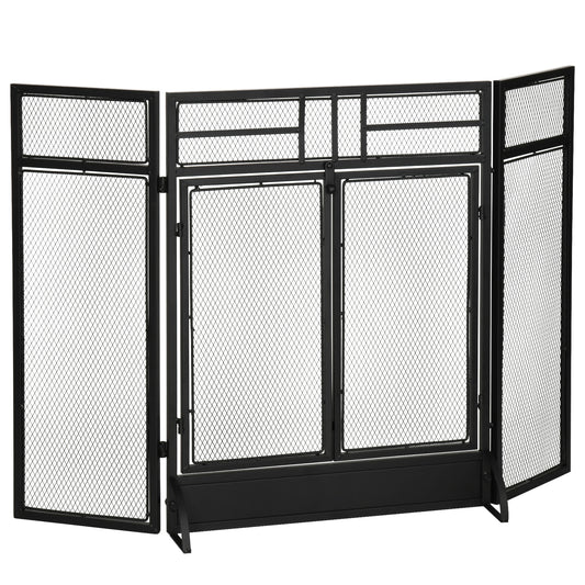 3-Panel Steel Mesh Fireplace Screen, Decorative Fire Spark Guard Cover with Double Doors, 47x31in, Black Fireplace Screens Black at Gallery Canada