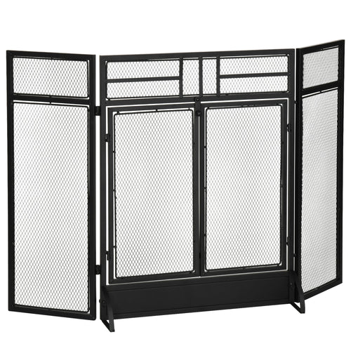 3-Panel Steel Mesh Fireplace Screen, Decorative Fire Spark Guard Cover with Double Doors, 47x31in, Black