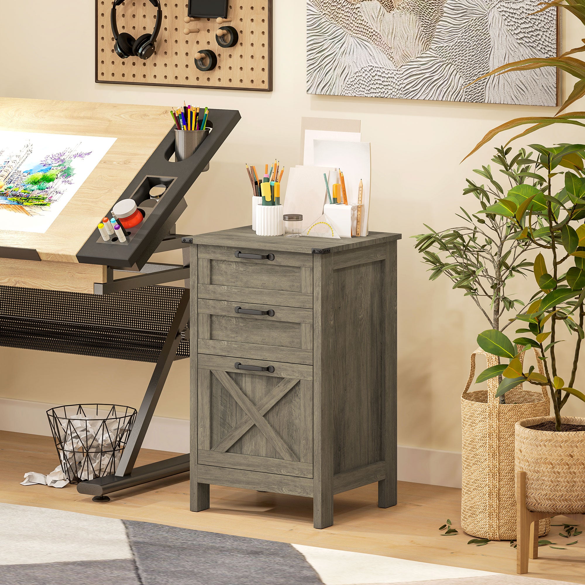 Vertical Filing Cabinet with 3 Drawers, Rustic Farmhouse Office Storage Cabinet for A4, Letter Size, Grey Wash Office Cabinets & Cupboards at Gallery Canada