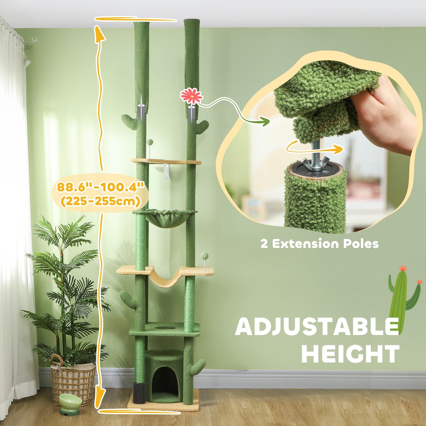 89"-100" Floor to Ceiling Cat Tree Cat Tower for Large Cats w/ Scratching Posts, Grooming Brush Post, Cat Condo, Green Floor to Ceiling Cat Trees   at Gallery Canada