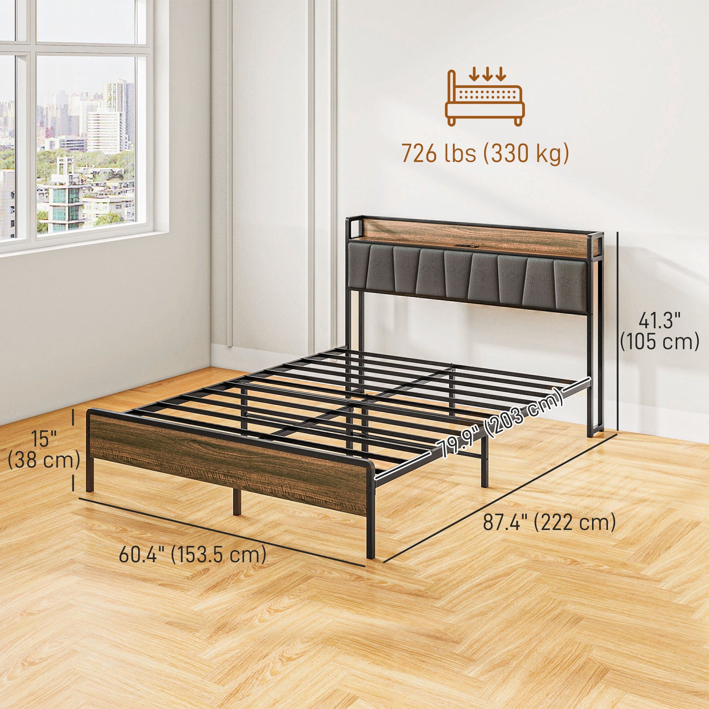 Queen Size Bed Frame with Charging Station, Queen Bed Frame with Upholstered Headboard and Storage Shelf, Walnut Bedroom Furniture   at Gallery Canada