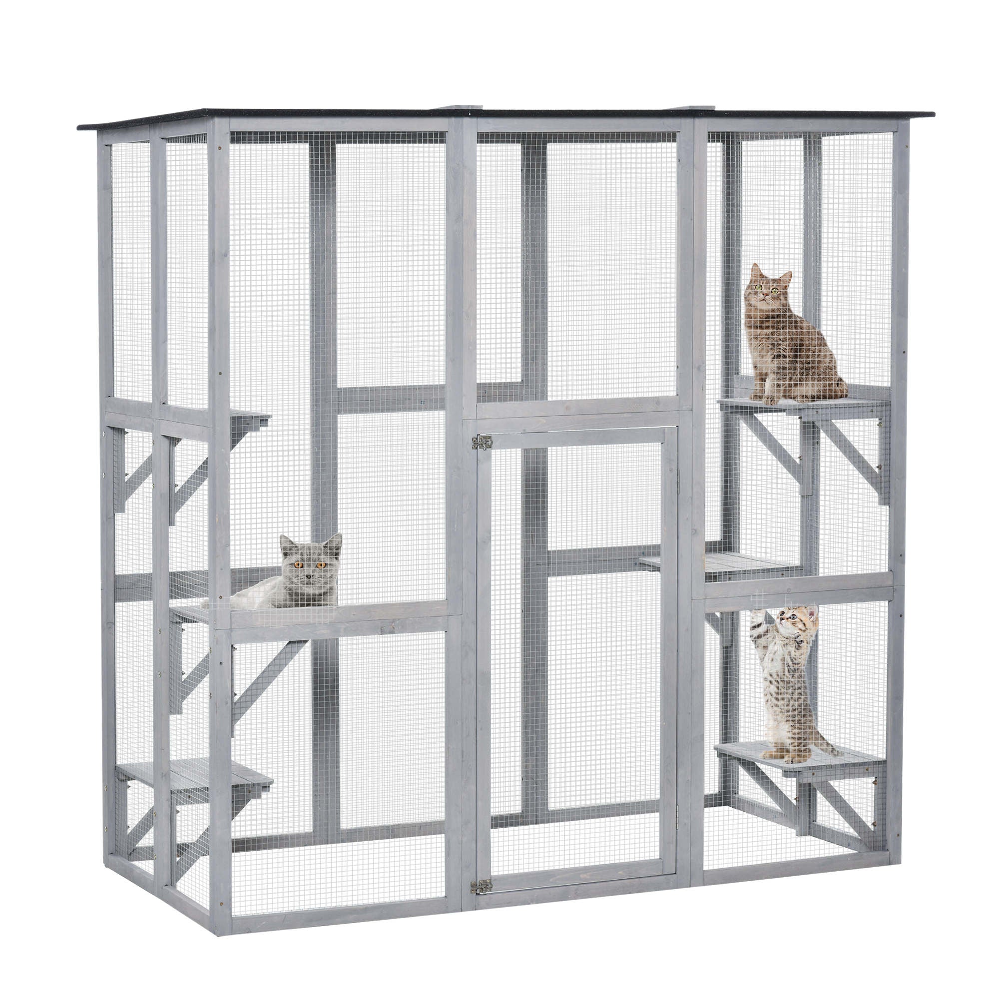 Large Outdoor Catio Enclosure, Weatherproof Cat House with Asphalt Roof, Wooden Cat Patio Cage with 6 Balanced Platforms, 71