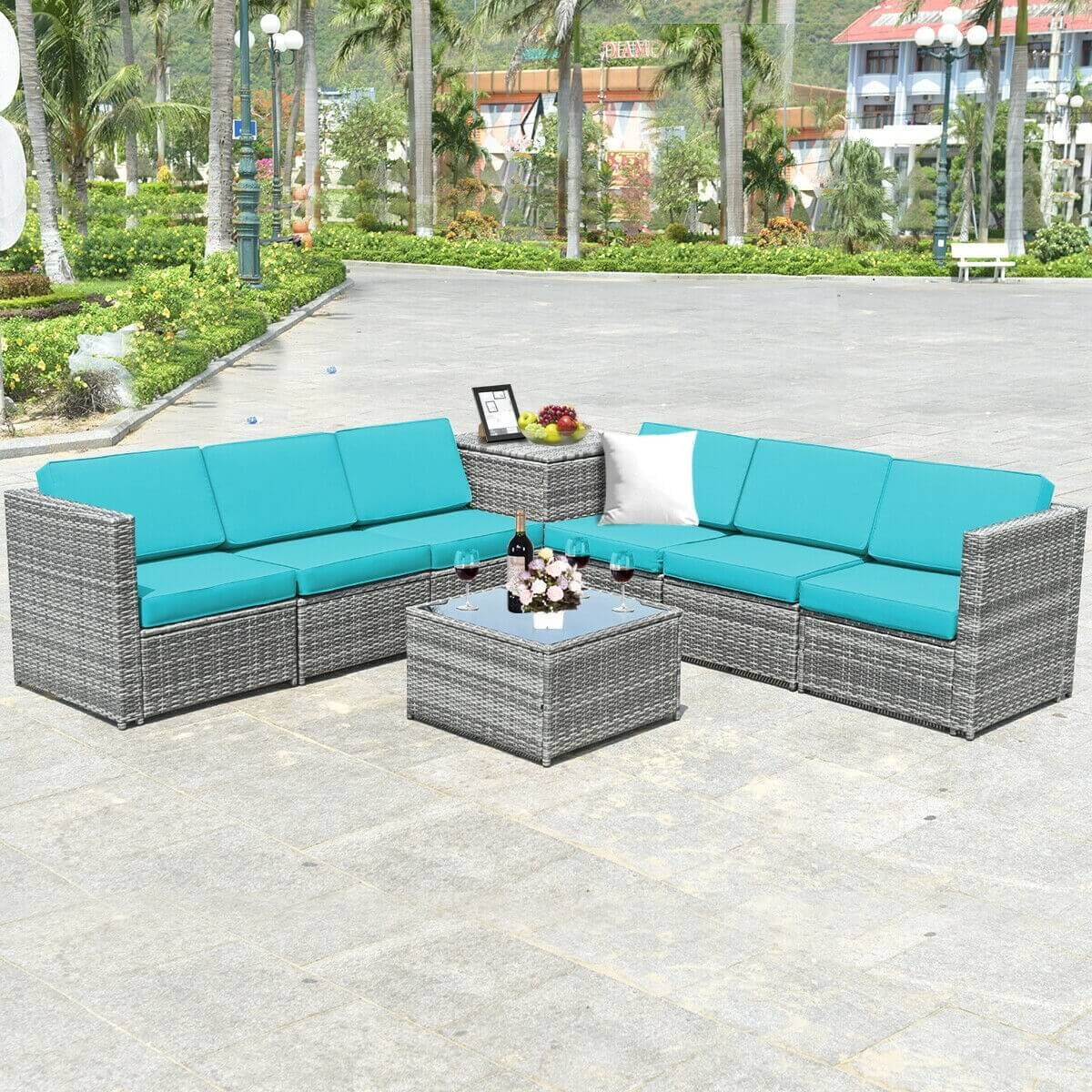 8 Piece Wicker Sofa Rattan Dinning Set Patio Furniture with Storage Table, Turquoise Outdoor Sectionals   at Gallery Canada